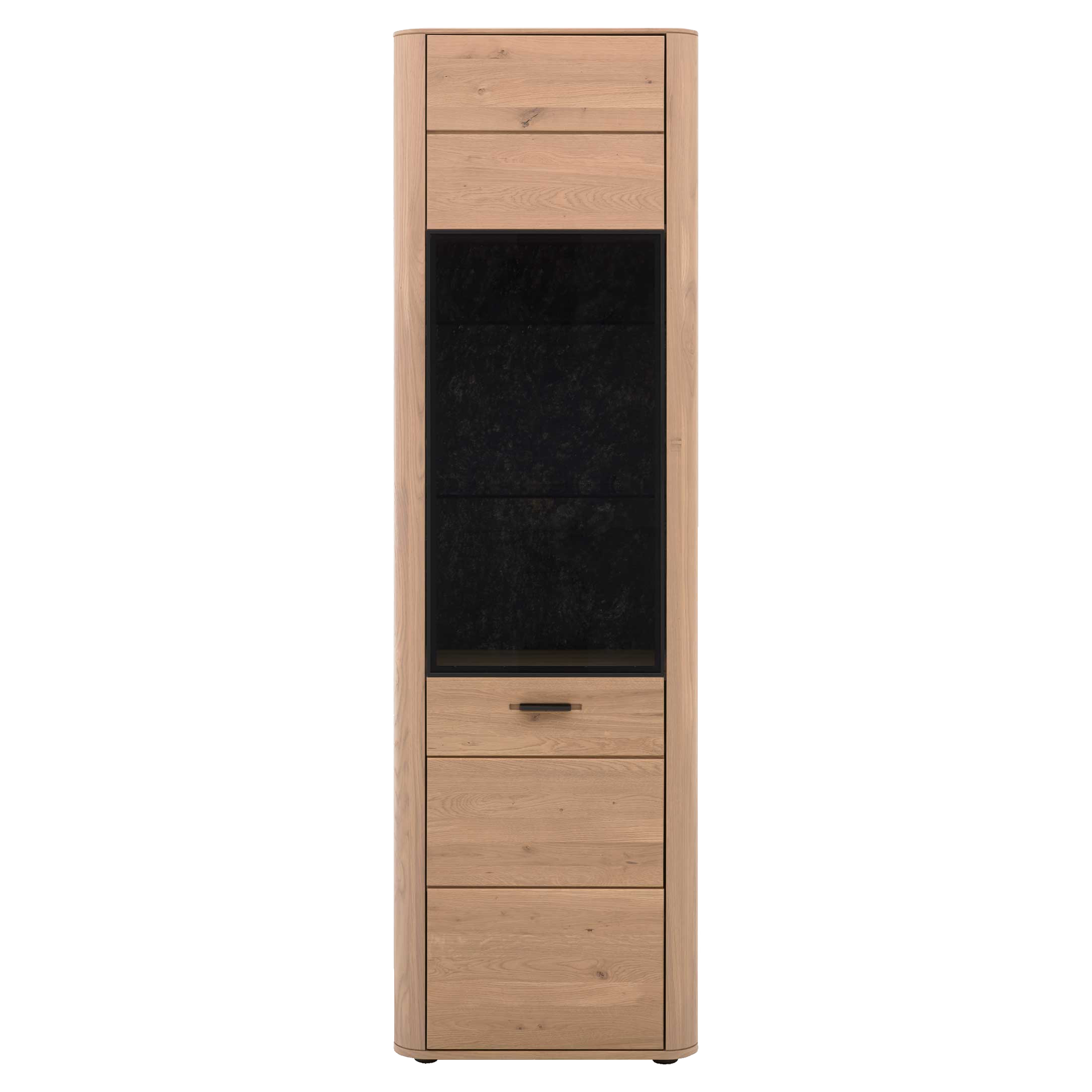 Schmaler Holzschrank mit hellem Holzrahmen, mittigem schwarzem Glaseinsatz, einer Schublade mit schwarzem Griff und zwei unteren Holztüren.