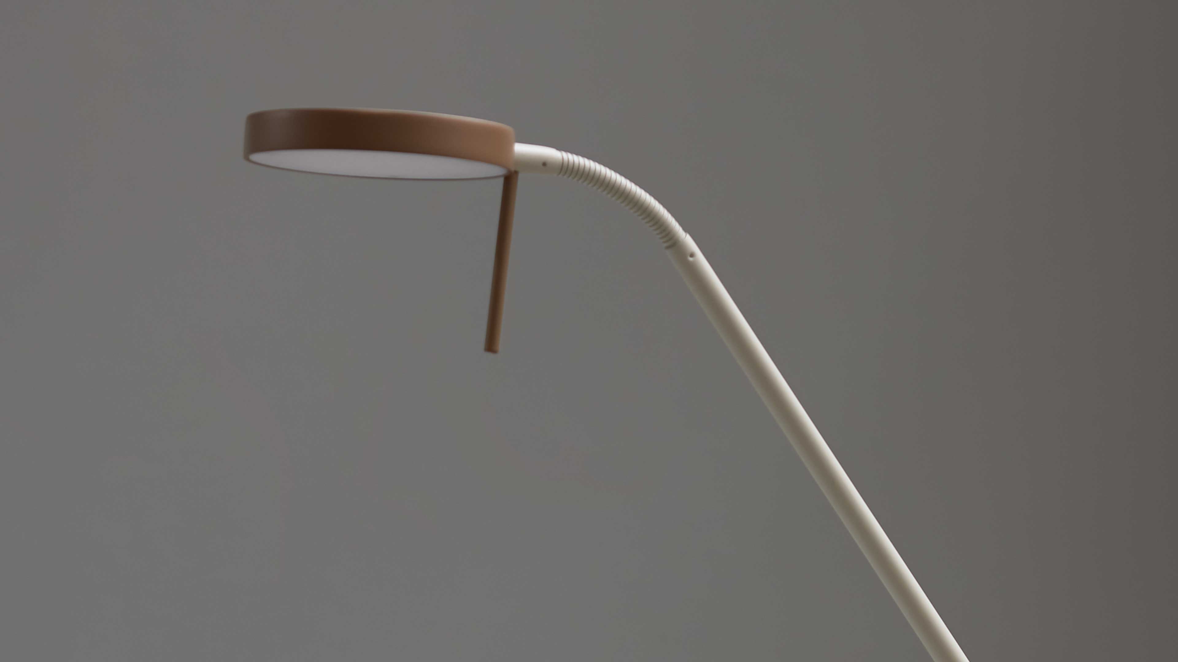 Schreibtischlampe mit rundem braunem Lampenschirm und weißem, gebogenem Schwanenhals sowie langem Stabarm vor grauem Hintergrund.