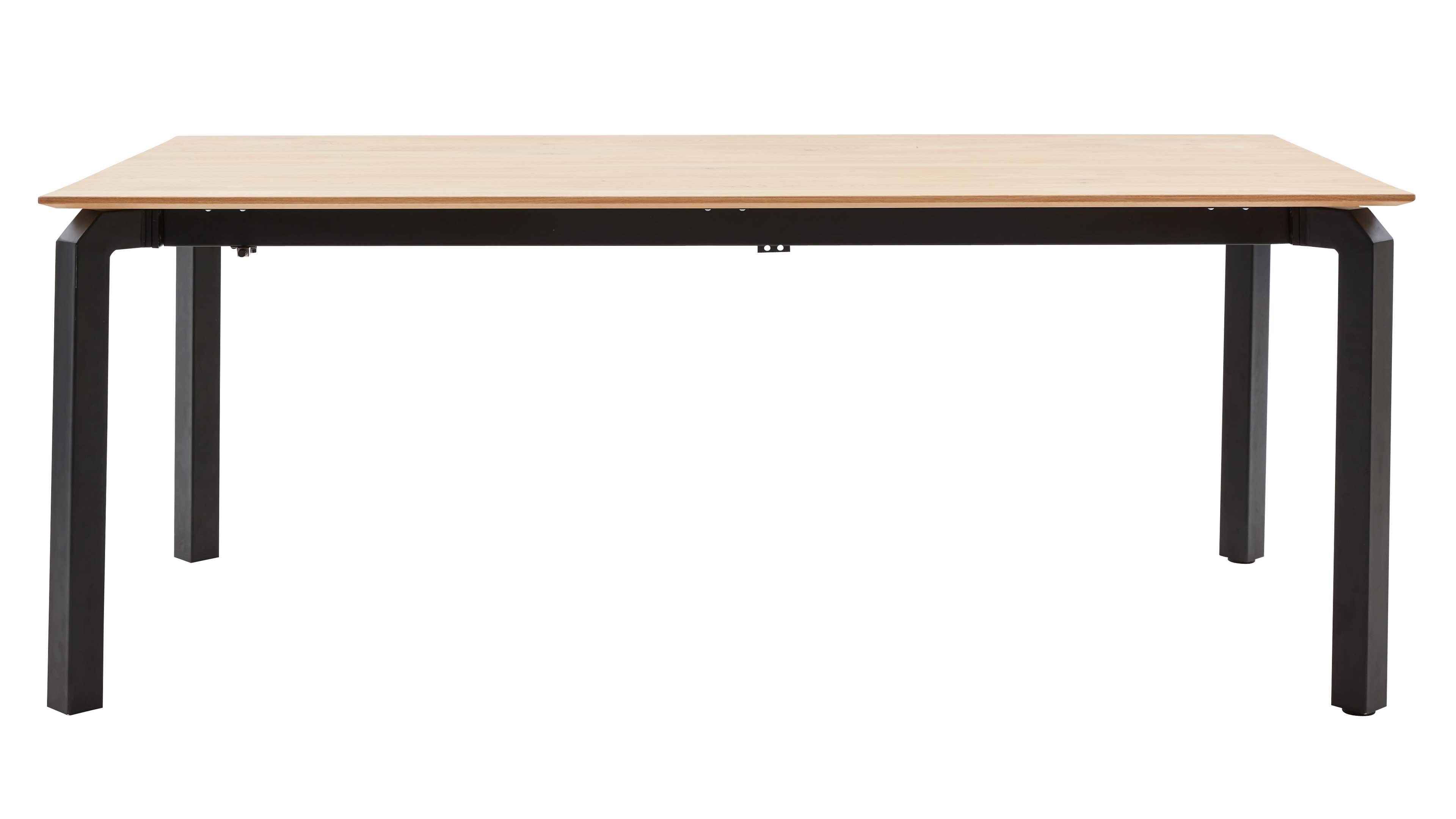 Rechteckiger Tisch mit heller Holzplatte, schwarzem Metallgestell und vier eckigen Beinen, freigestellt.