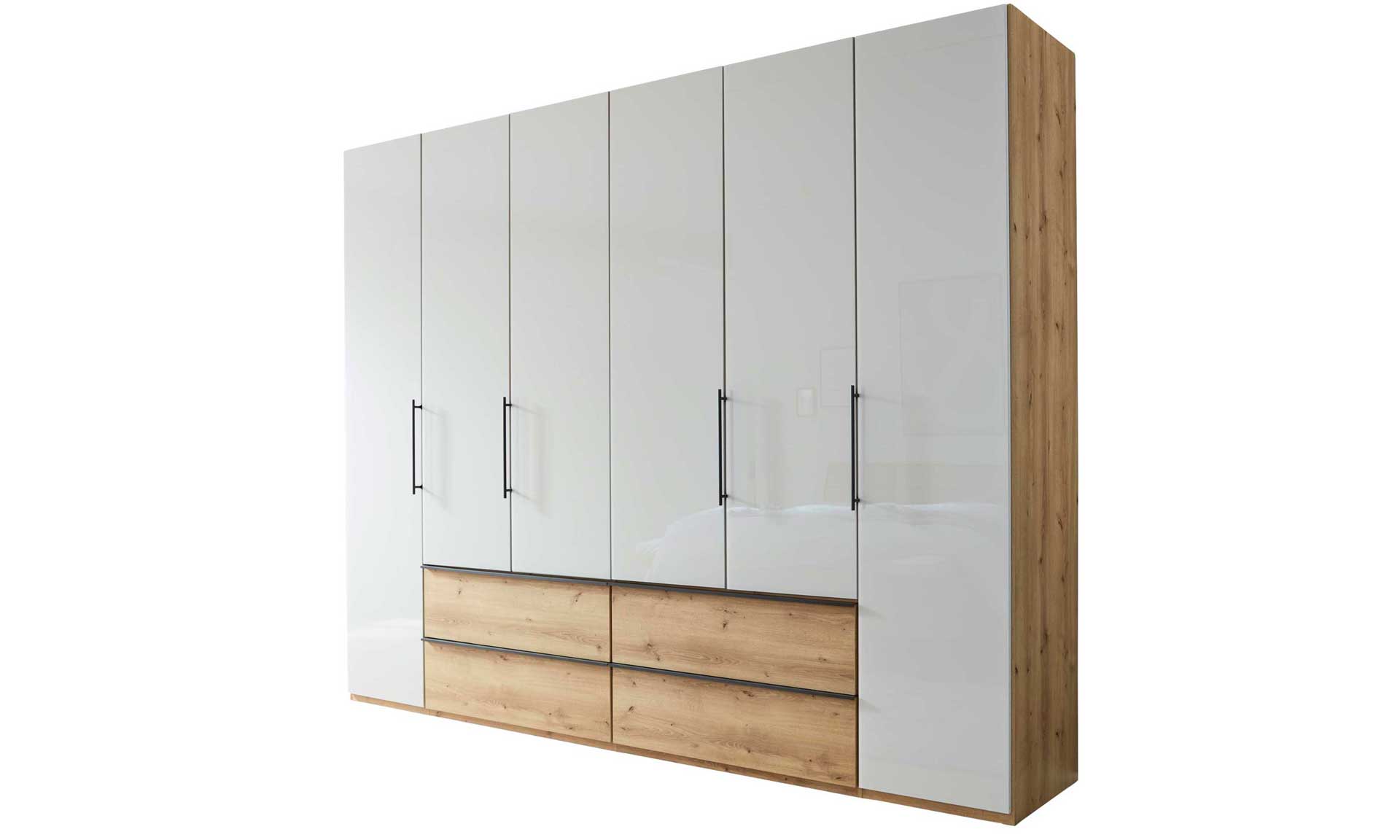 Drehtürenschrank in Beige-Grau mit Schubladen und Absetzung in Eiche-Nachbildung