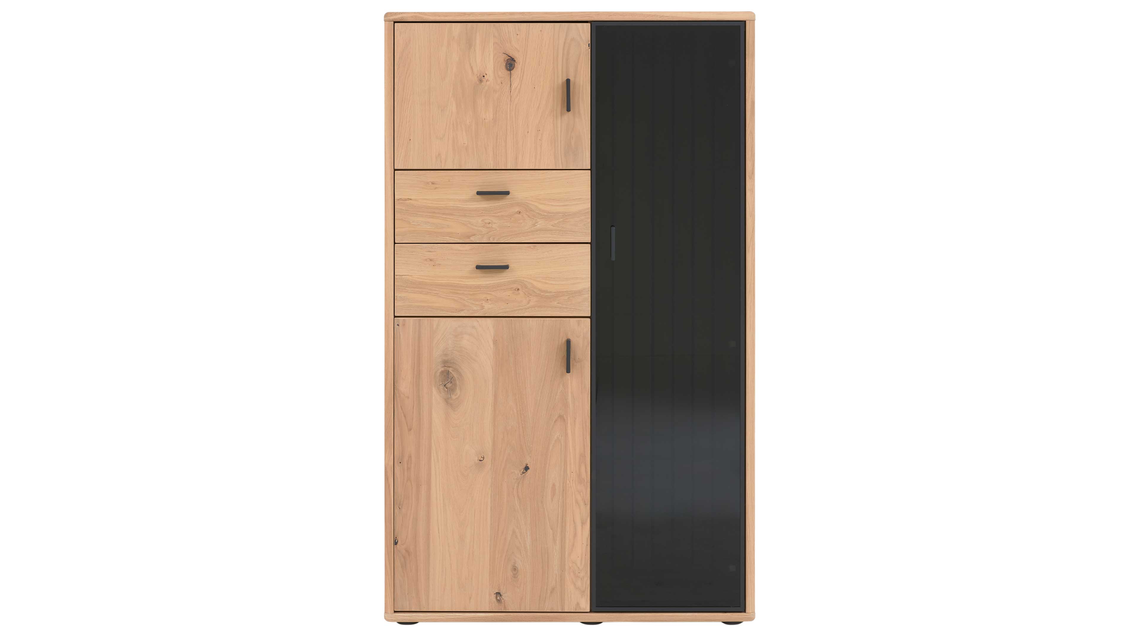 Highboard in Eichefurnier und Schwarzglas, mit Türen und Schubladen für Stauraum