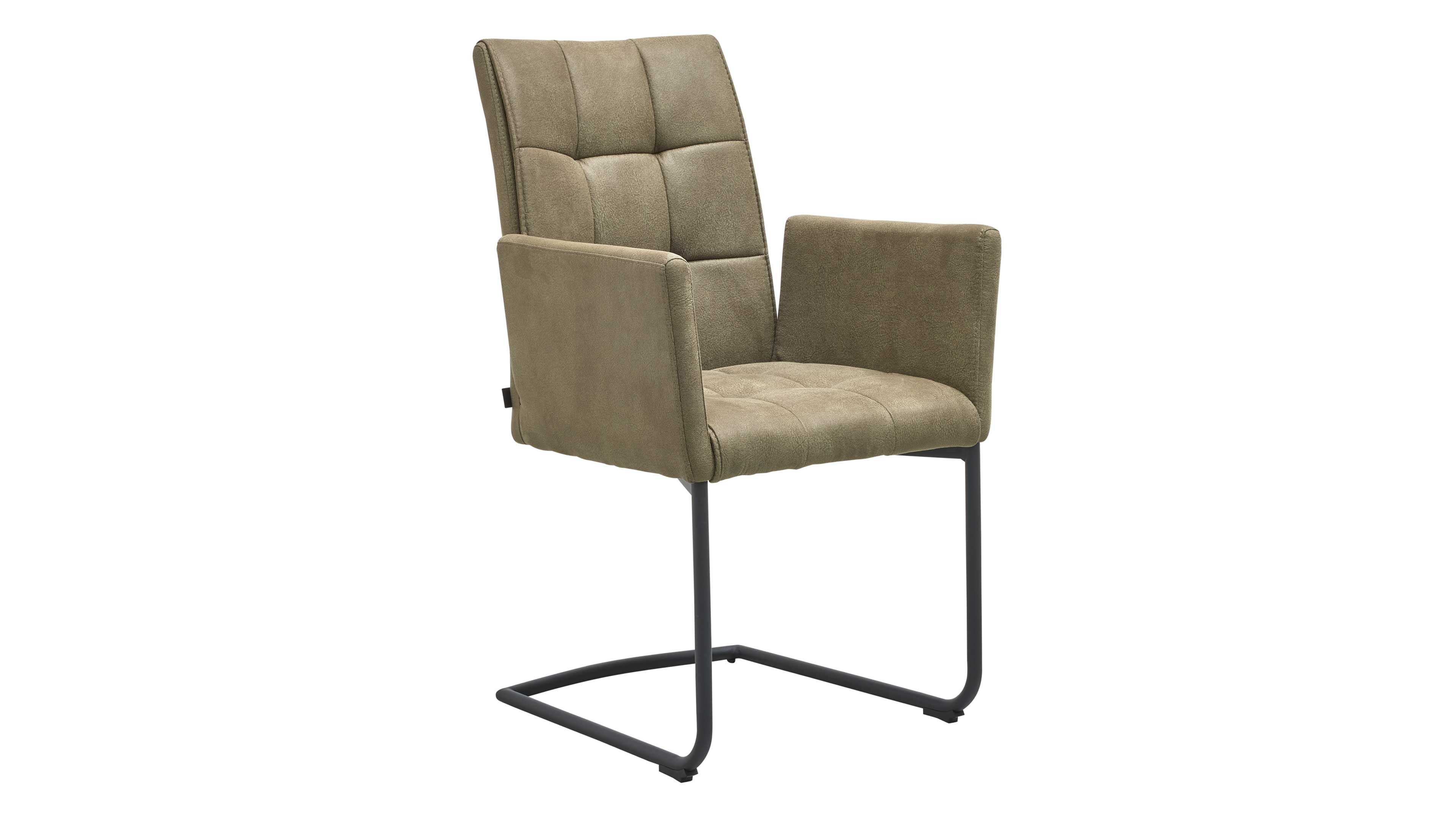 Gepolsterter Stuhl mit olivgrünem, gestepptem Sitz und Rücken, festen Armlehnen und schwarzem U‑förmigem Metallkufen-Gestell.