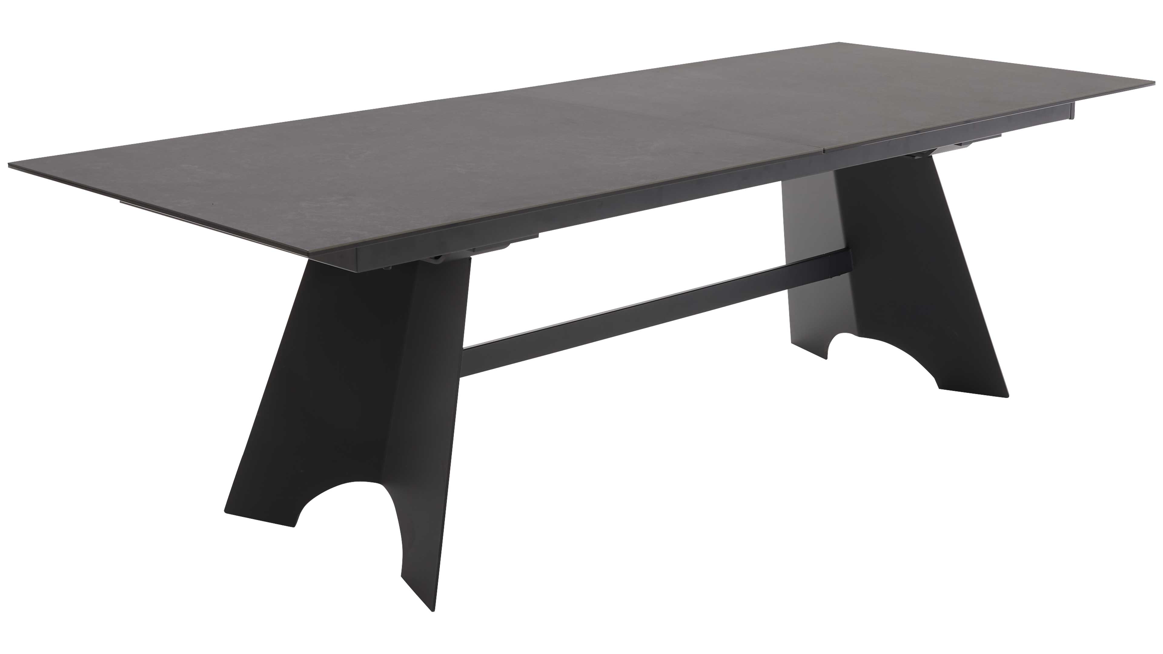 Ausziehtisch mit Glas-Keramik-Oberfläche in Oxidoptik und schwarzem Metallgestell für moderne Esszimmer und flexible Platzgestaltung