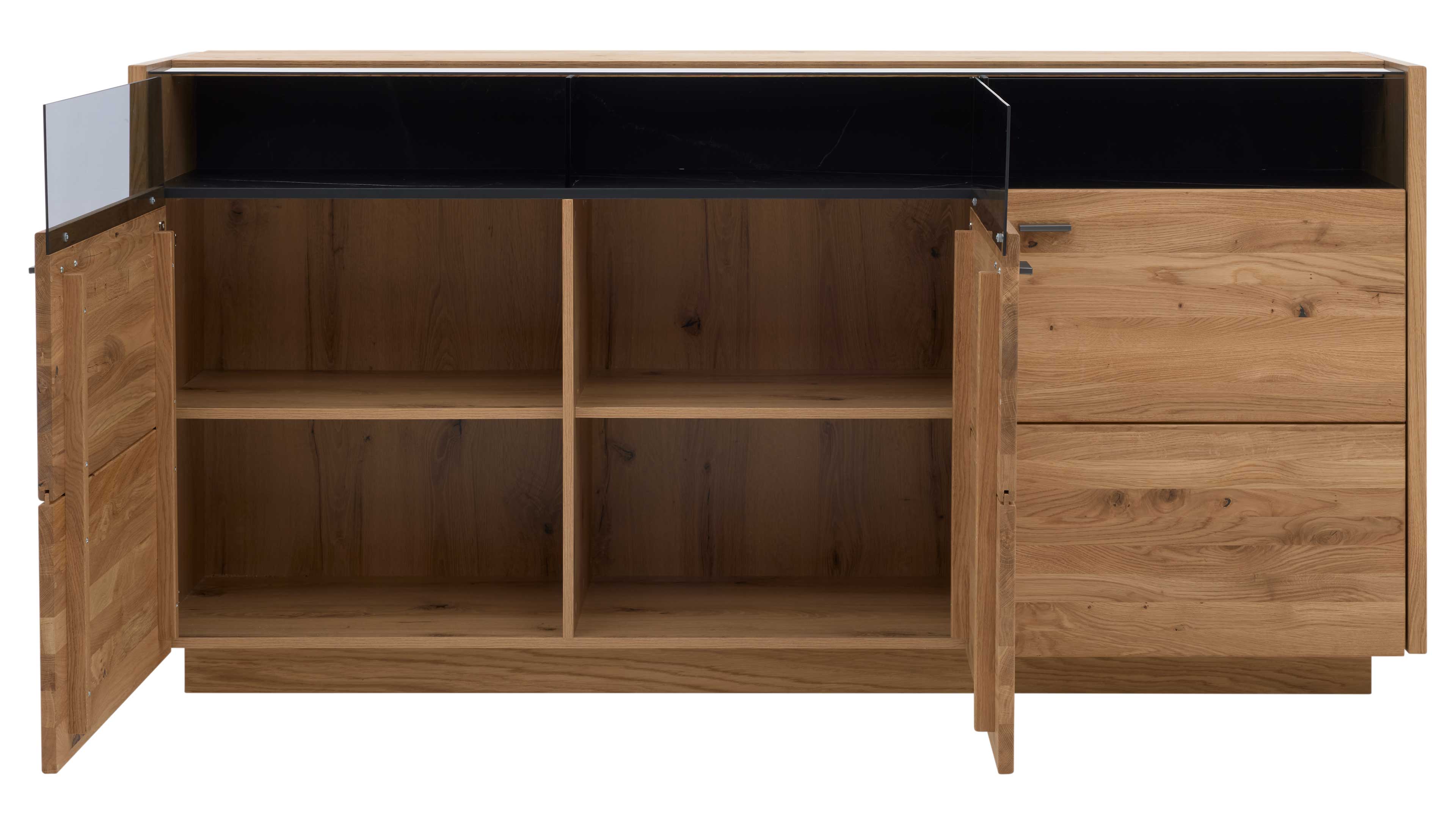 Sideboard mit drei Türen in Asteiche und Schwarzglas