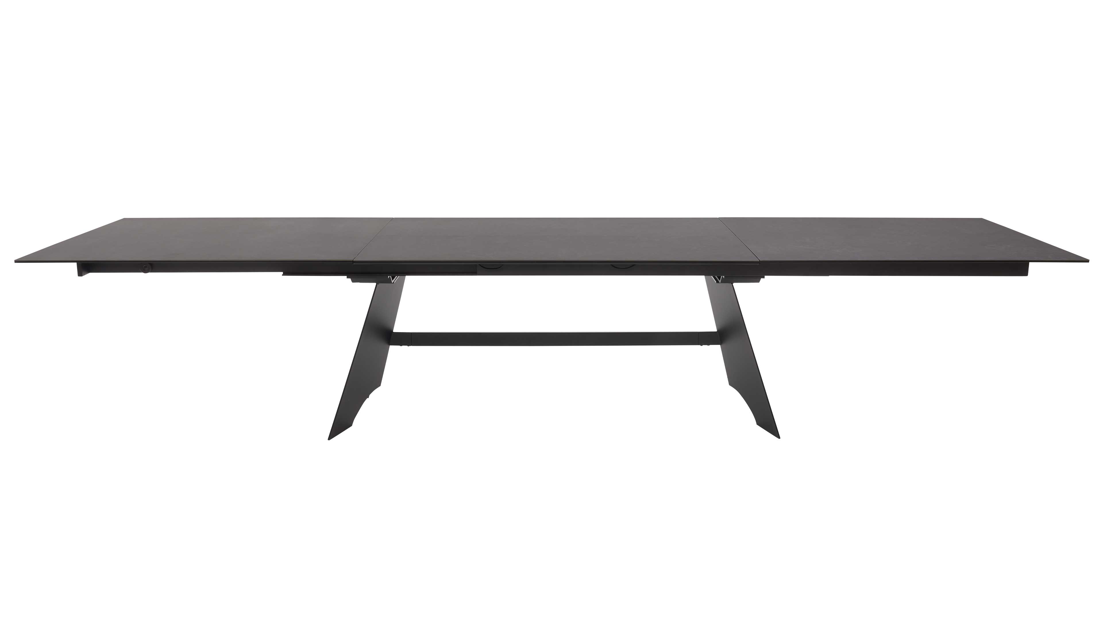 Ausziehtisch mit Glas-Keramik-Oberfläche in Oxidoptik und schwarzem Metallgestell für moderne Esszimmer und flexible Platzgestaltung