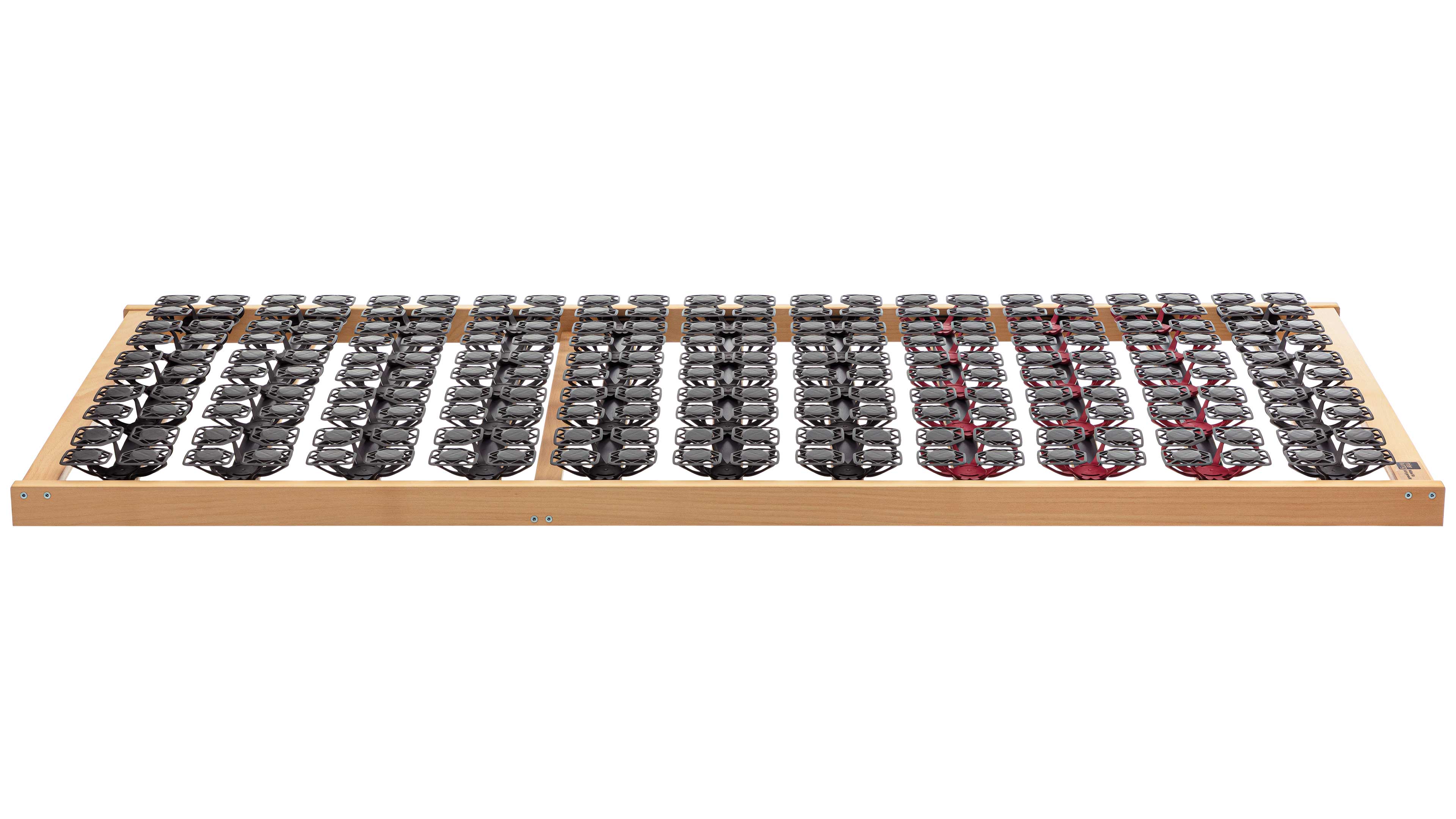 Lattenrost mit Holzrahmen und vielen schwarzen, runden Kunststoff-Federelementen in gleichmäßigen Reihen, mittig einige rote.