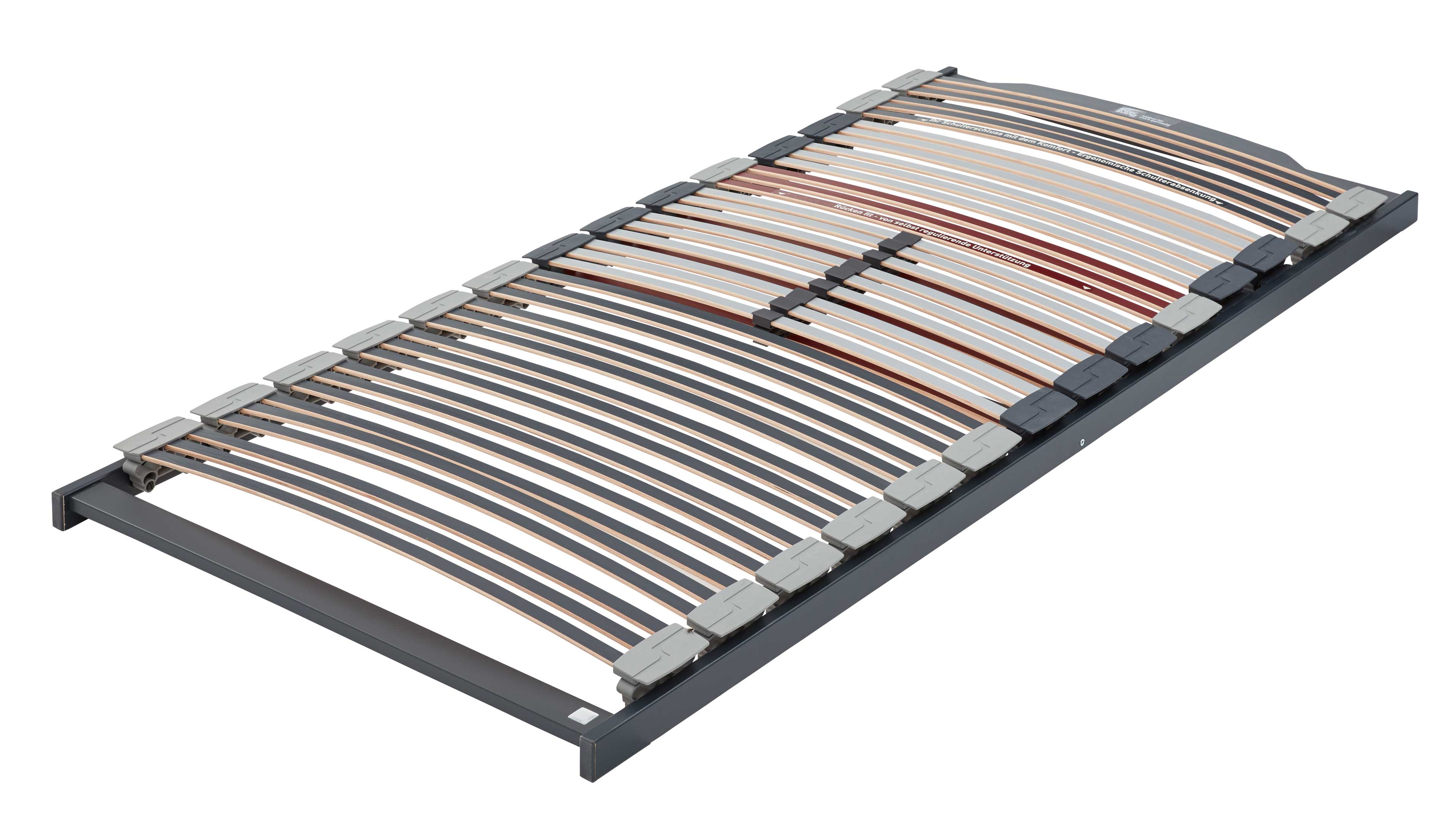 Lattenrost mit anthrazitfarbenem Metallrahmen und gebogenen Holzlatten in hellen und rötlichen Tönen sowie grauen Halteclips.