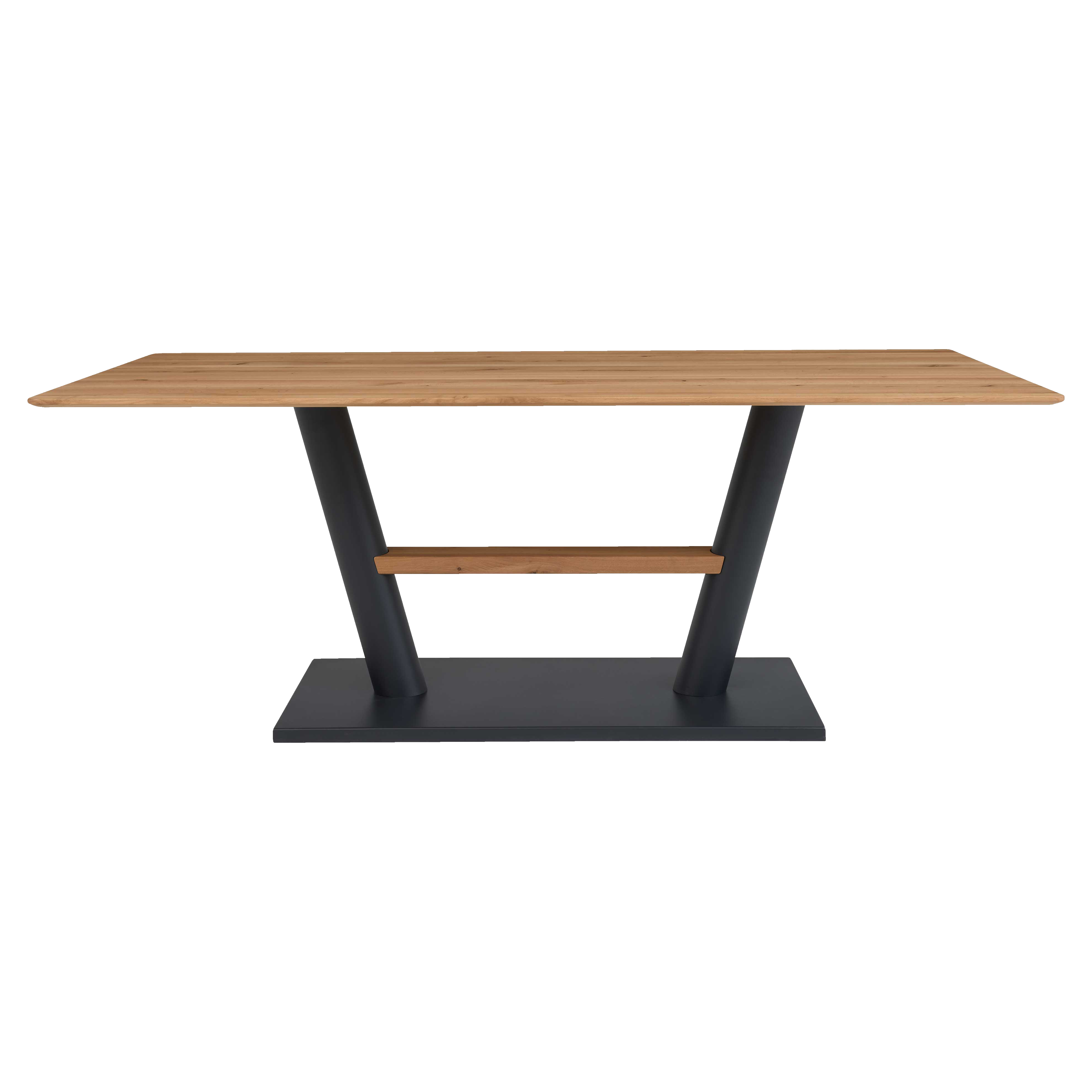 Tisch mit rechteckiger, hellbrauner Holzplatte, zwei schräg gestellte schwarze Metallbeine und mittig verbundenes Holzbrett.