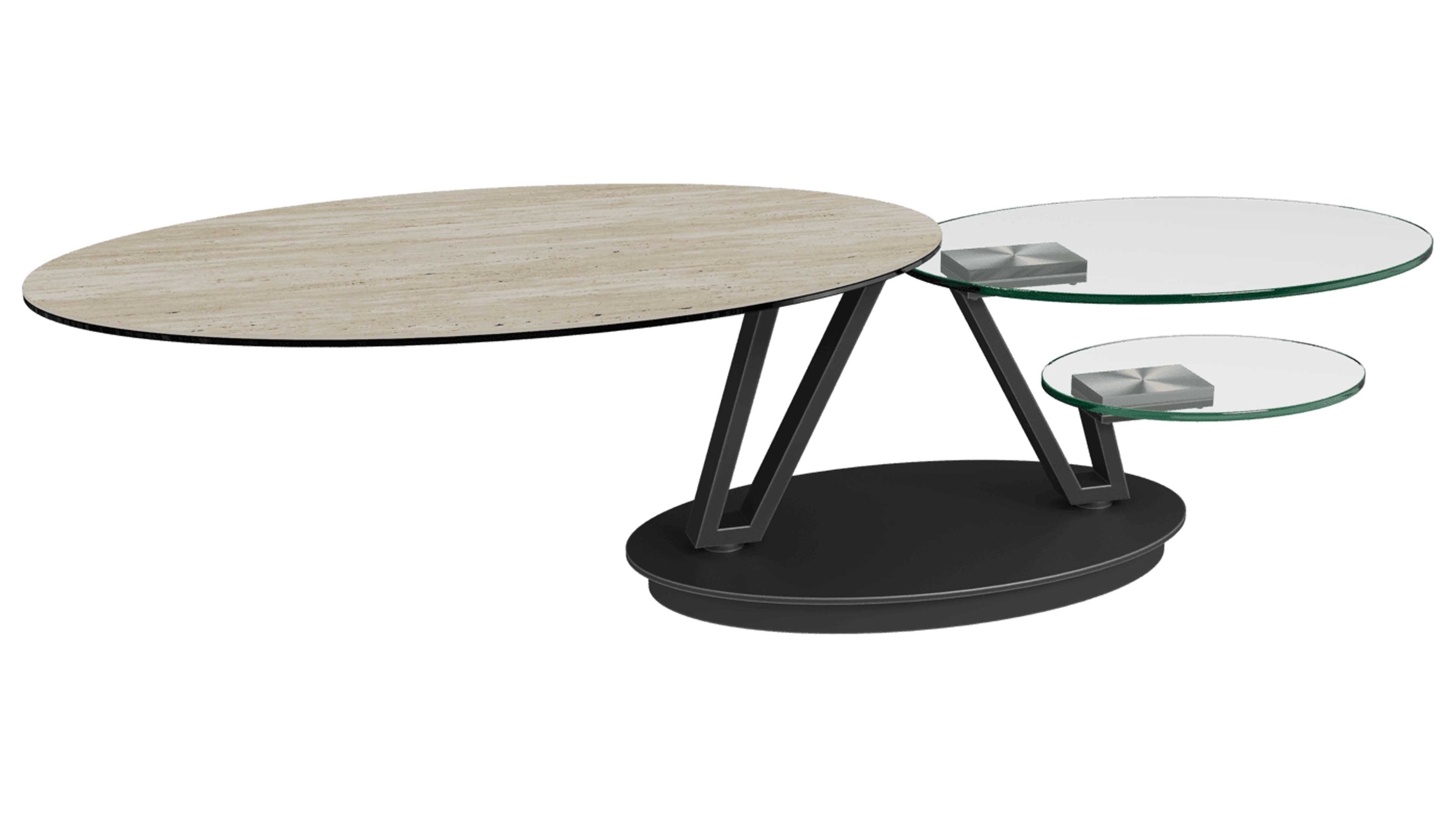 Ovaler Couchtisch mit heller Holzplatte, zwei abgestuften runden Glasablagen rechts, V-förmige schwarze Metallfüße auf ovalem Sockel.