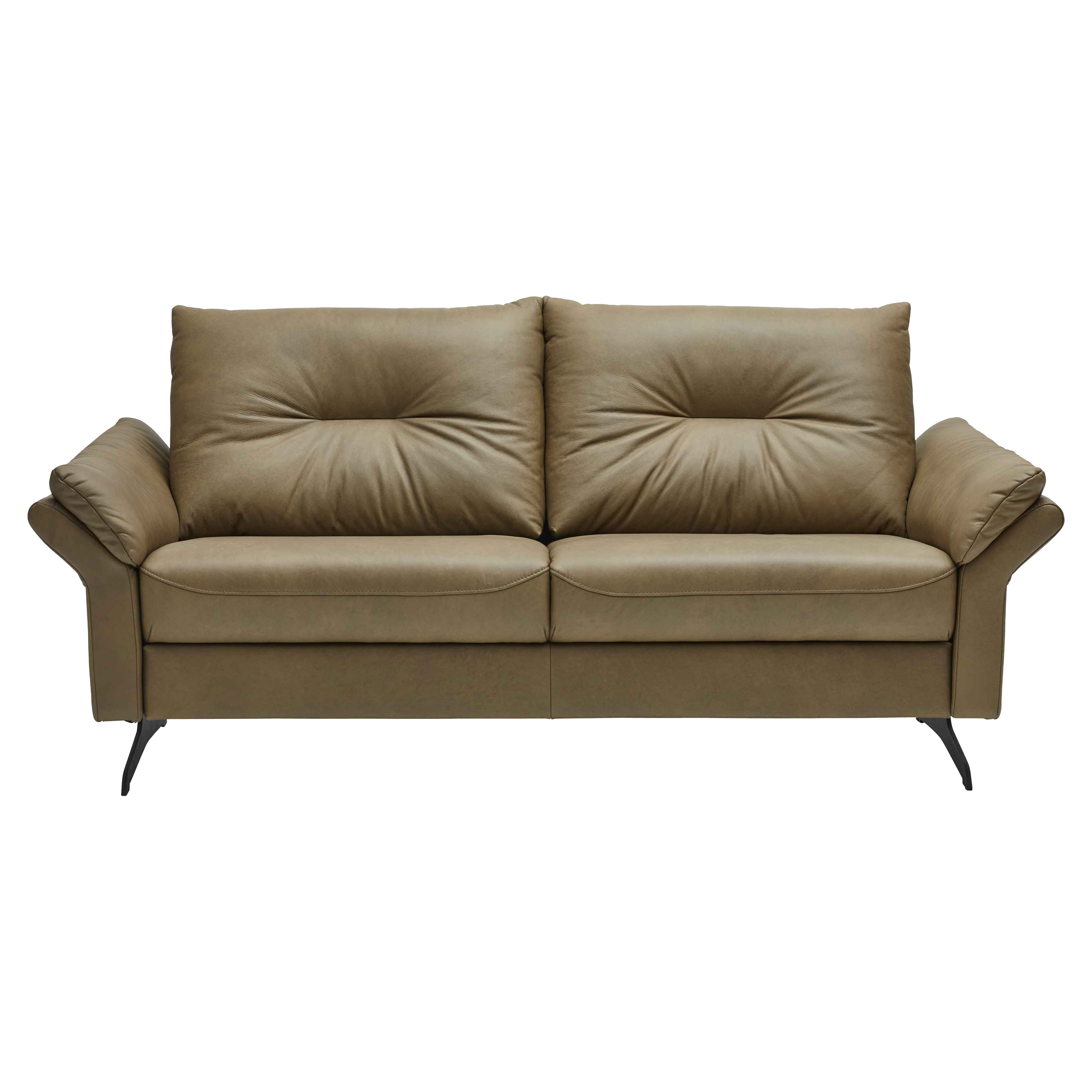 Zweisitziges hellbraunes Ledersofa mit hohen Rückenlehnen, seitlich geneigten Armlehnen und schlanken schwarzen Metallbeinen.