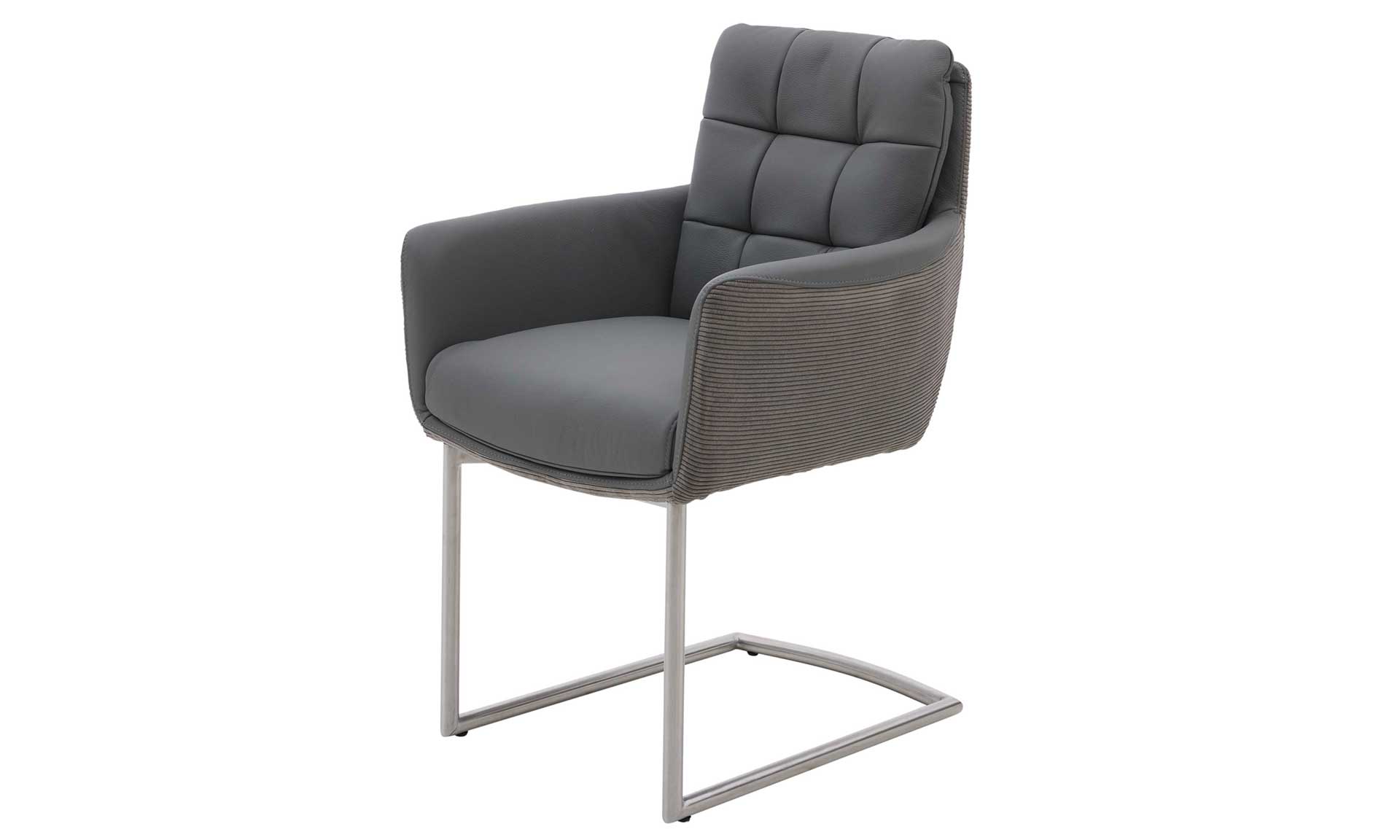 Freischwinger-Sessel mit grauem Leder-Cord-Mix und Edelstahlgestell
