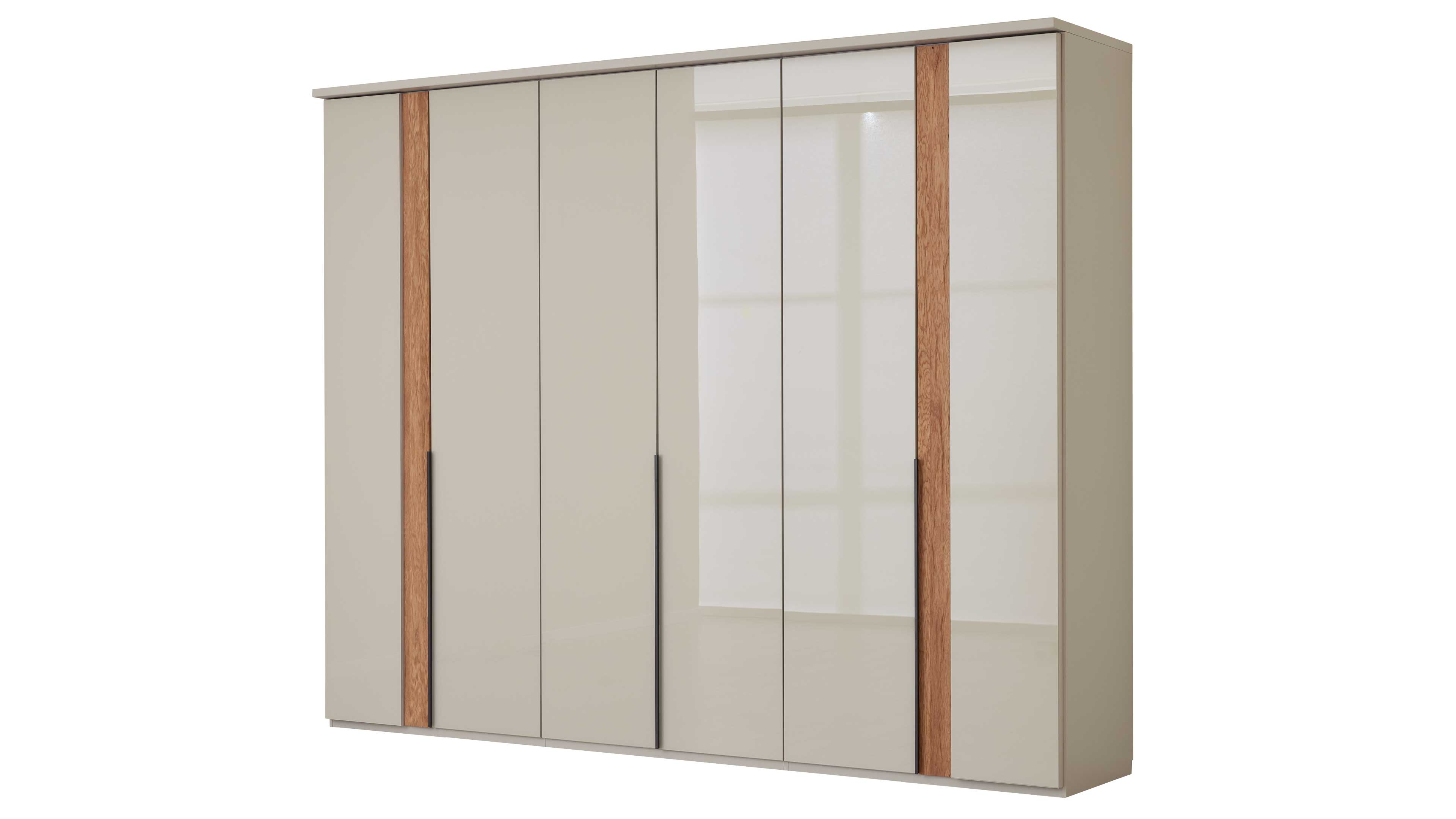 Vierteiliges Schlafzimmer mit Bett, Nachtkonsolen und großem Kleiderschrank in hellem Grau mit Holzakzenten