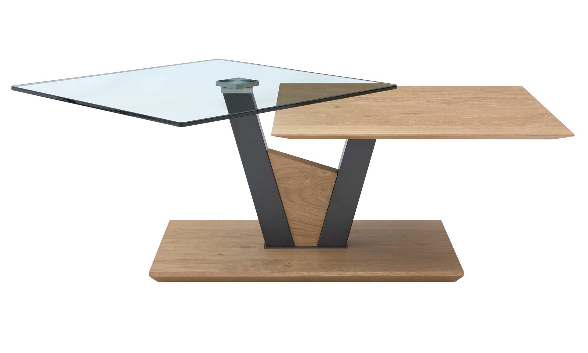 Couchtisch mit Eichefurnier und drehbarer Glasplatte