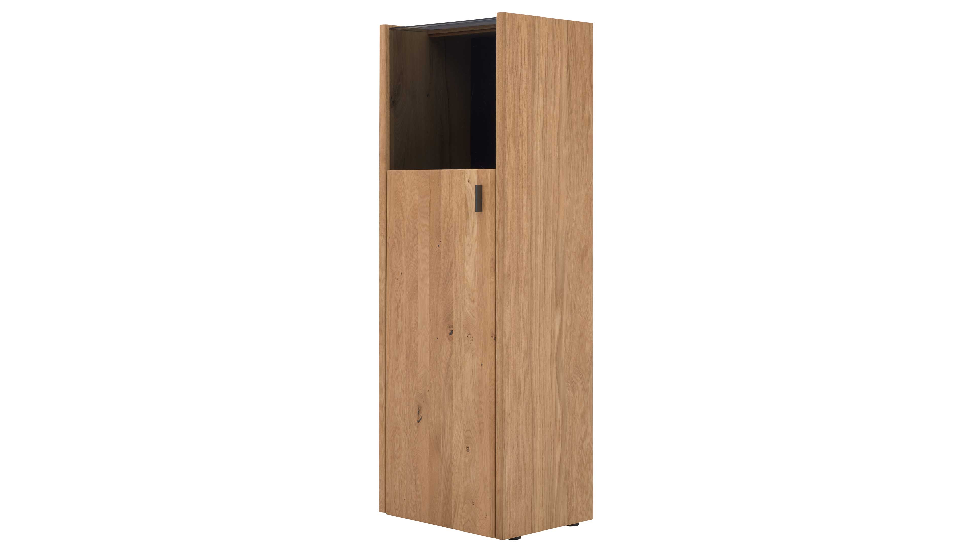 Highboard-Vitrine in Asteiche mit Schwarzglas-Einsatz in der Tür