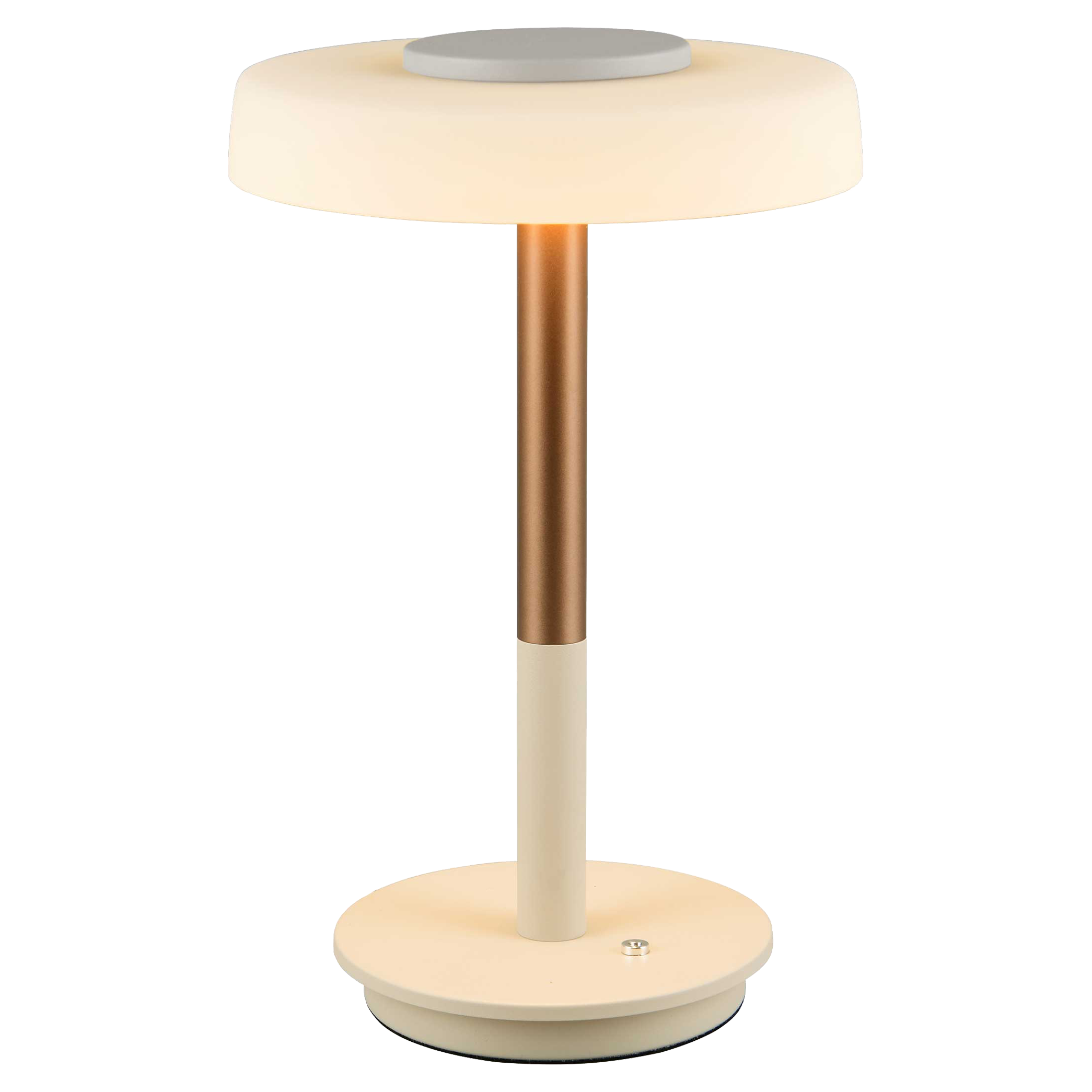Tischlampe mit runder beiger Basis und kleinem Schalter, zweifarbiger Stange in Bronze/Creme und rundem opalweißen Lampenschirm.