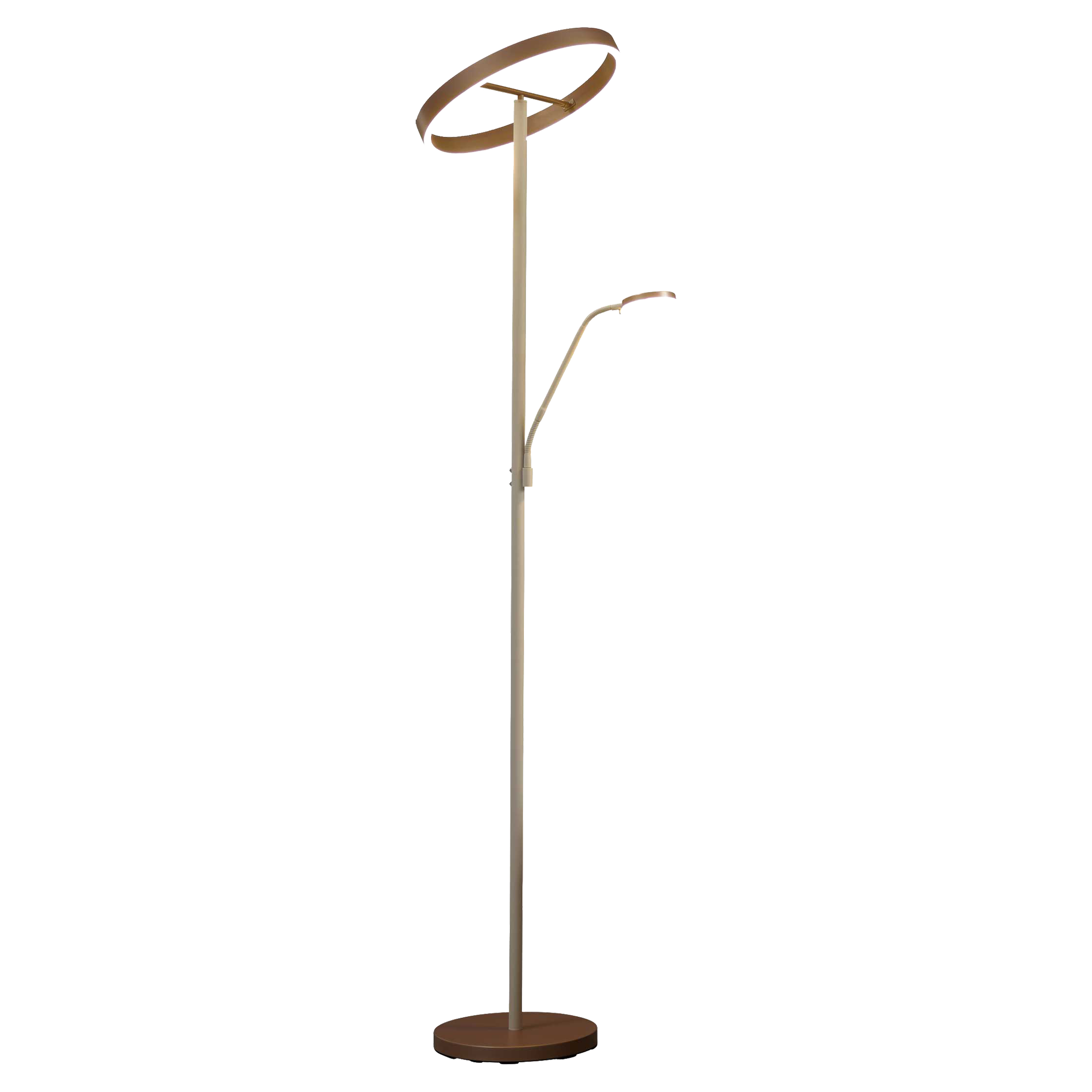 Stehende Lampe mit schlankem beige-goldenem Ständer, rundem braunem Sockel, schrägem Ringschirm oben und flexiblem Lesearm.