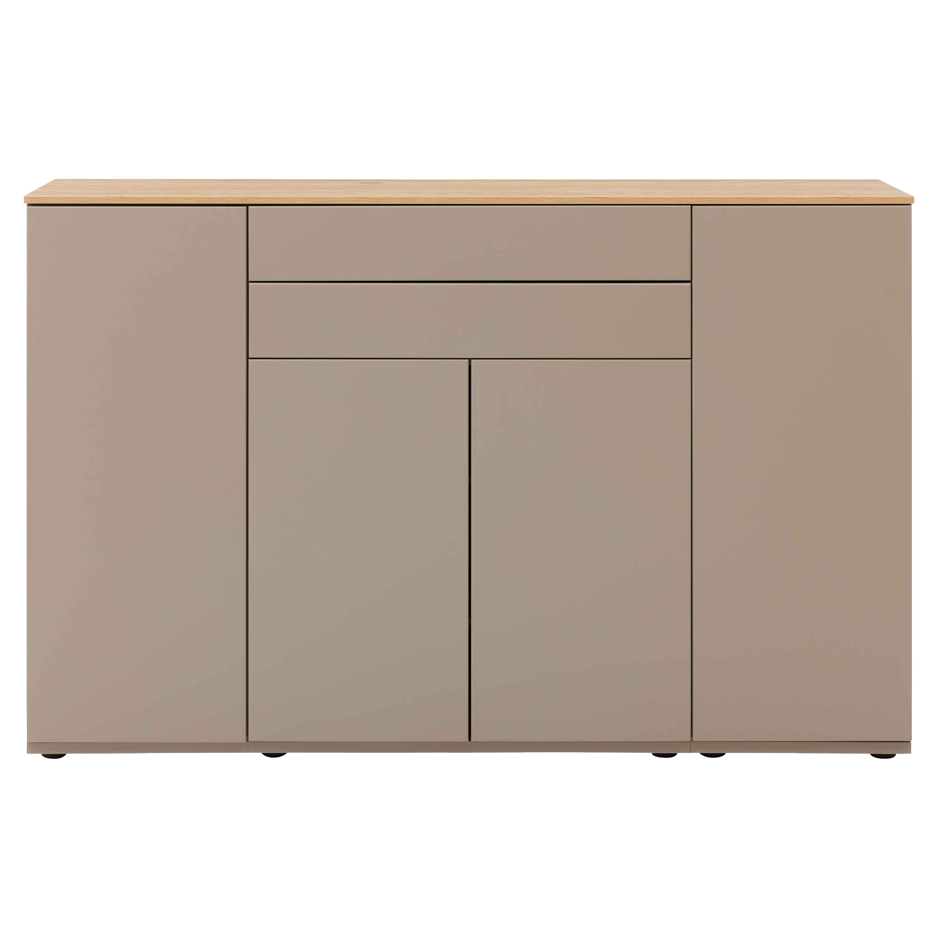 Sideboardfront in matter Taupe-Lackierung mit hellem Holzdeckel, zwei Seitentüren, mittigen Schubladen und Doppeltüren.
