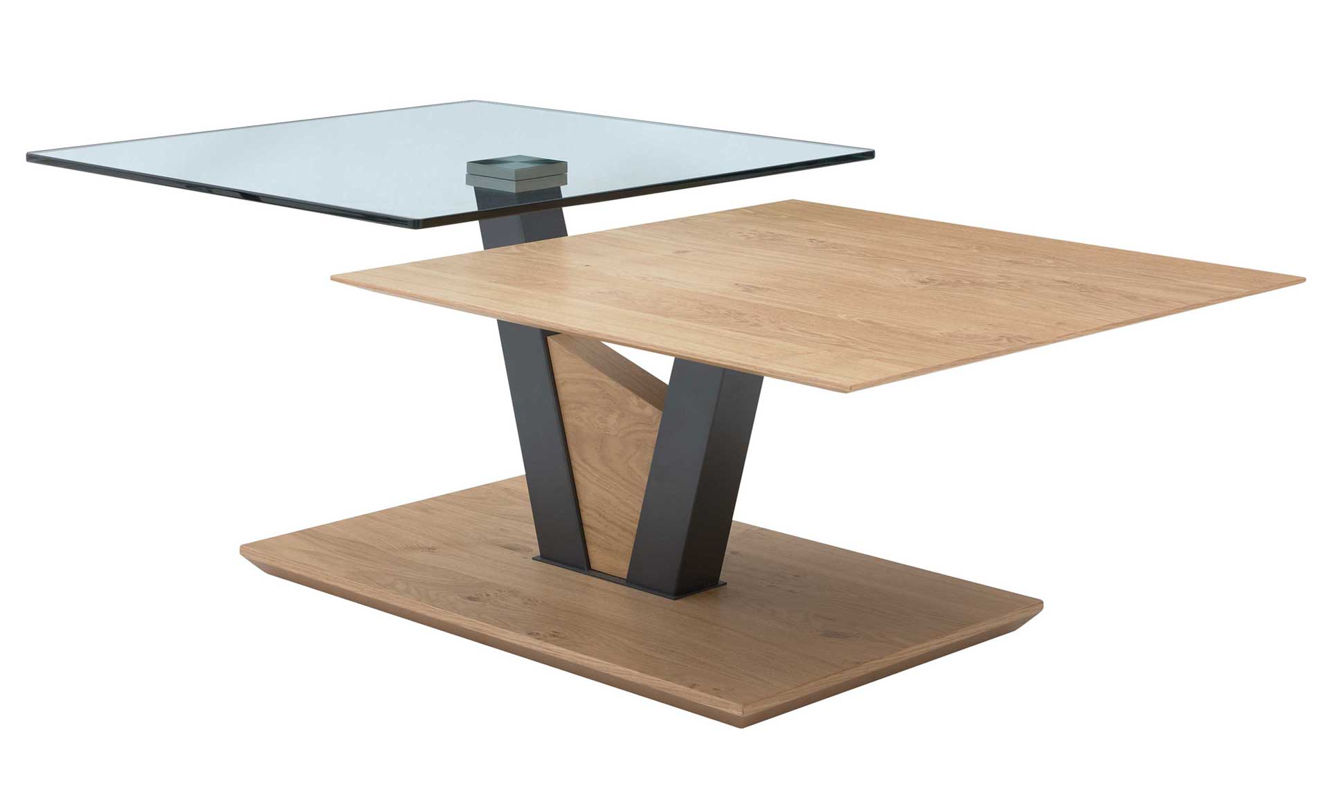 Couchtisch mit Eichefurnier und drehbarer Glasplatte
