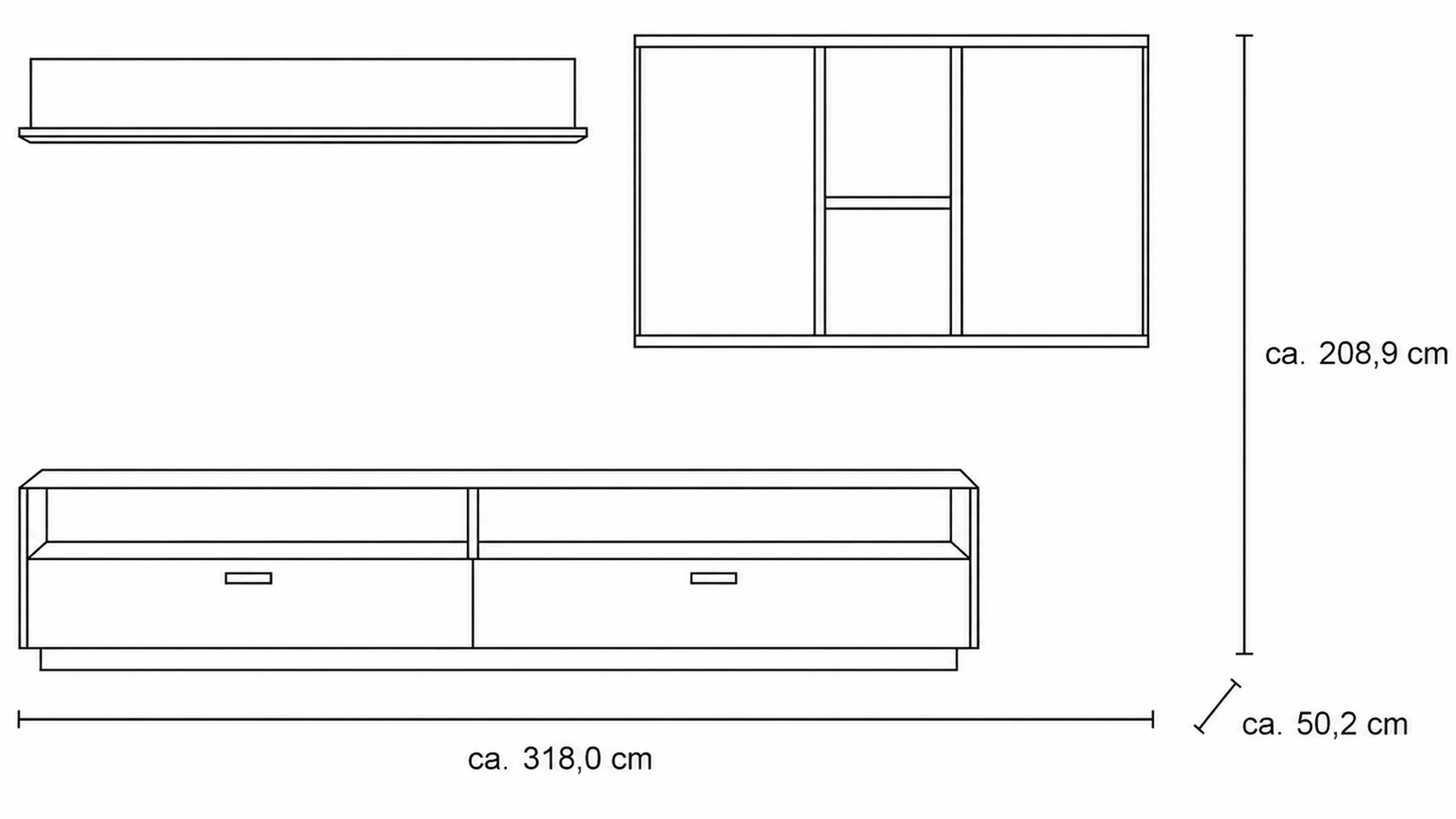 Wohnkombination aus TV-Board, Hängevitrine und Wandregal in Asteiche mit dunklen Glaseinsätzen