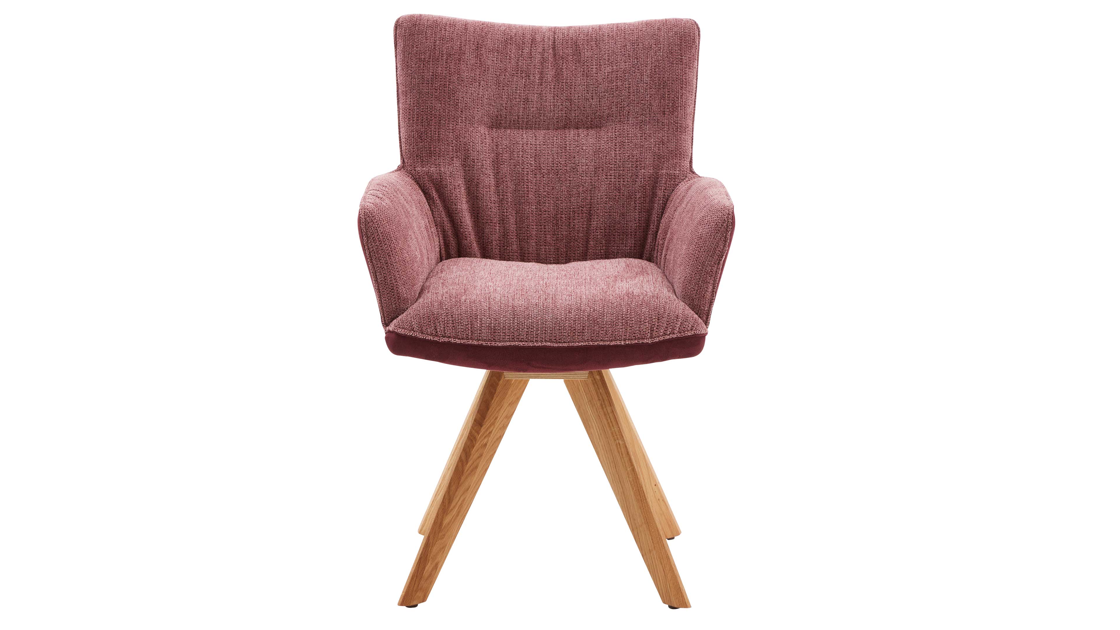 Polsterstuhl in rosa strukturiertem Stoff mit hoher Rückenlehne, Armlehnen und gepolsterter Sitzfläche auf vier schräg stehenden Holzbeinen.