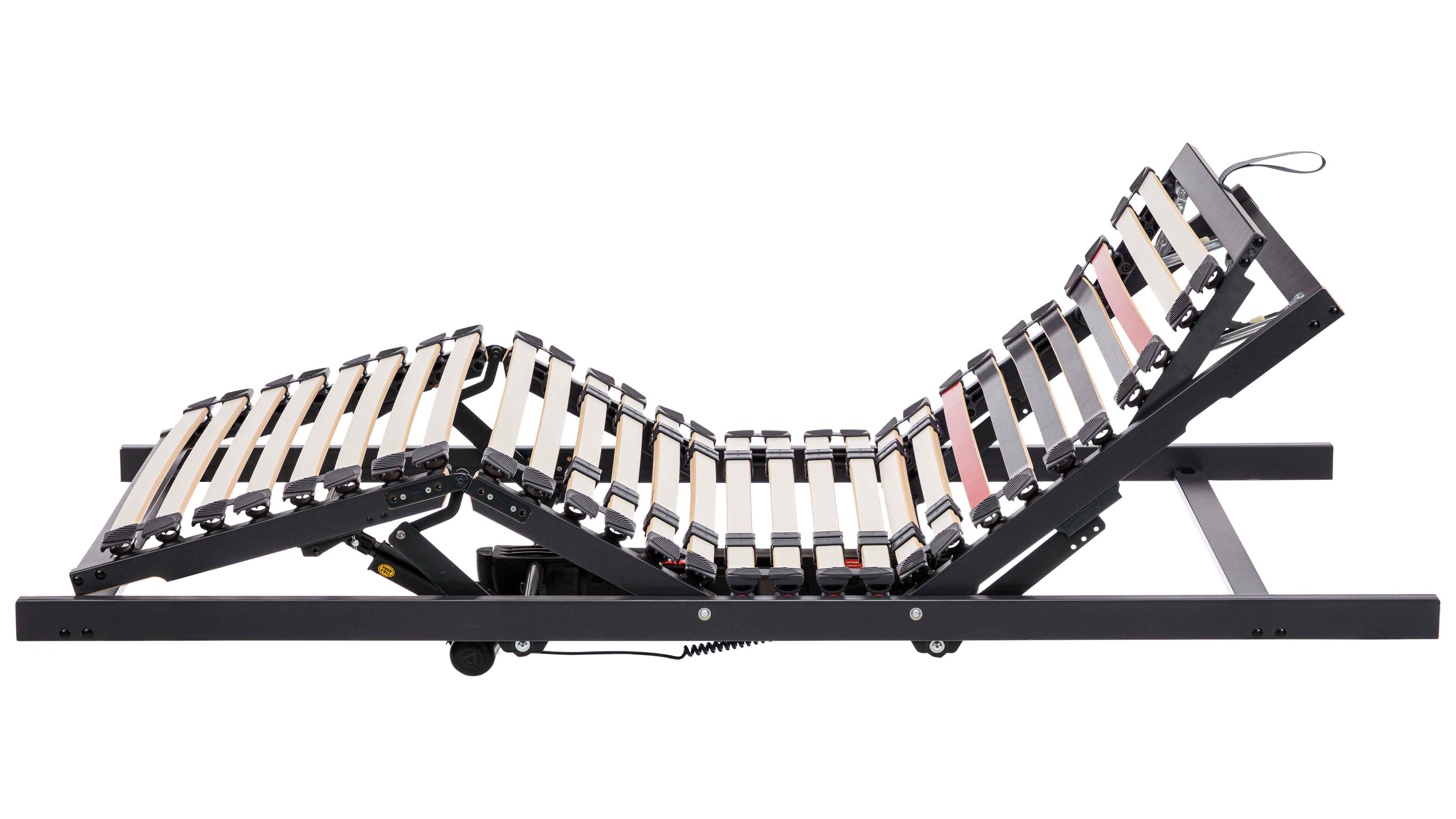 Elektrisch verstellbarer Lattenrost mit schwarzem Metallrahmen, hellen Federholzlatten, roten Latten und Motorkabel.