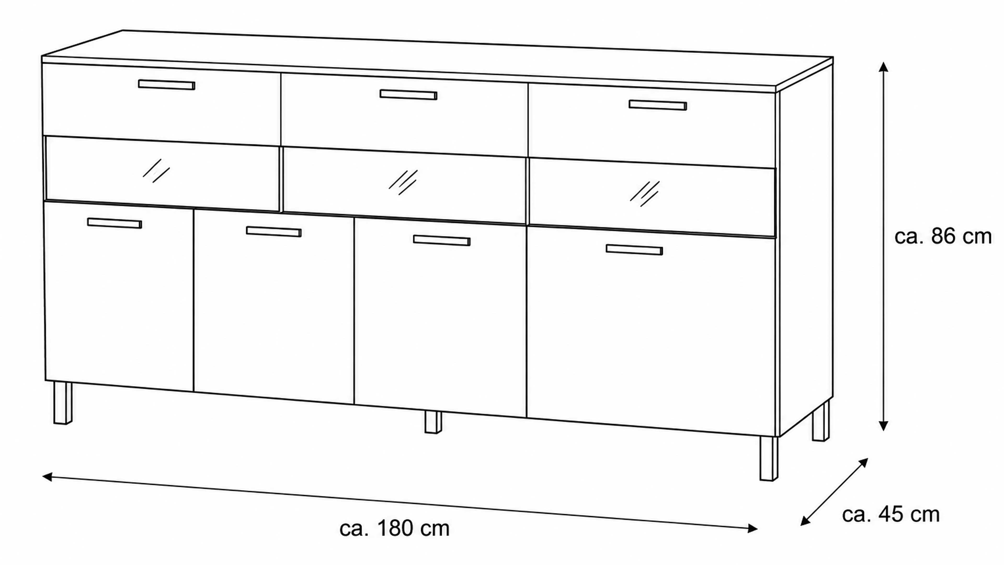 Sideboard in Dunkelgrau und Spaltholz-Furnier mit Vitrinenfächern