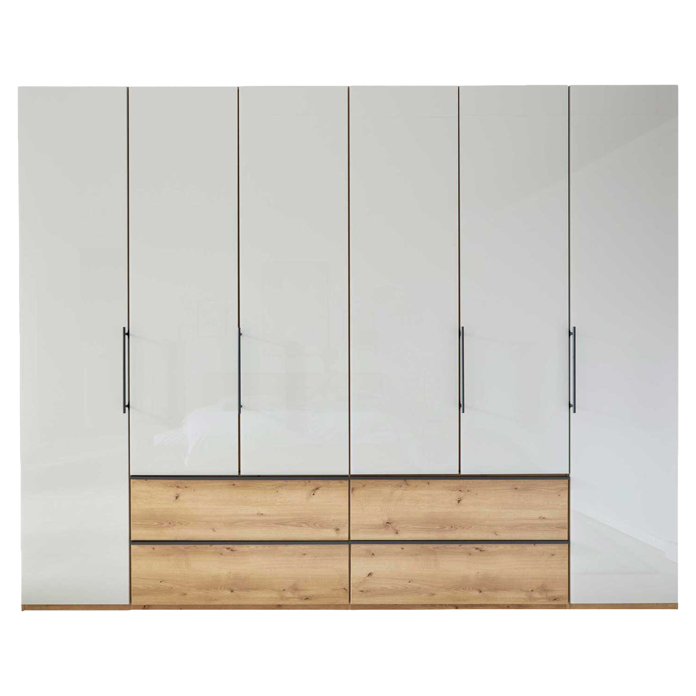 Drehtürenschrank in Beige-Grau mit Schubladen und Absetzung in Eiche-Nachbildung
