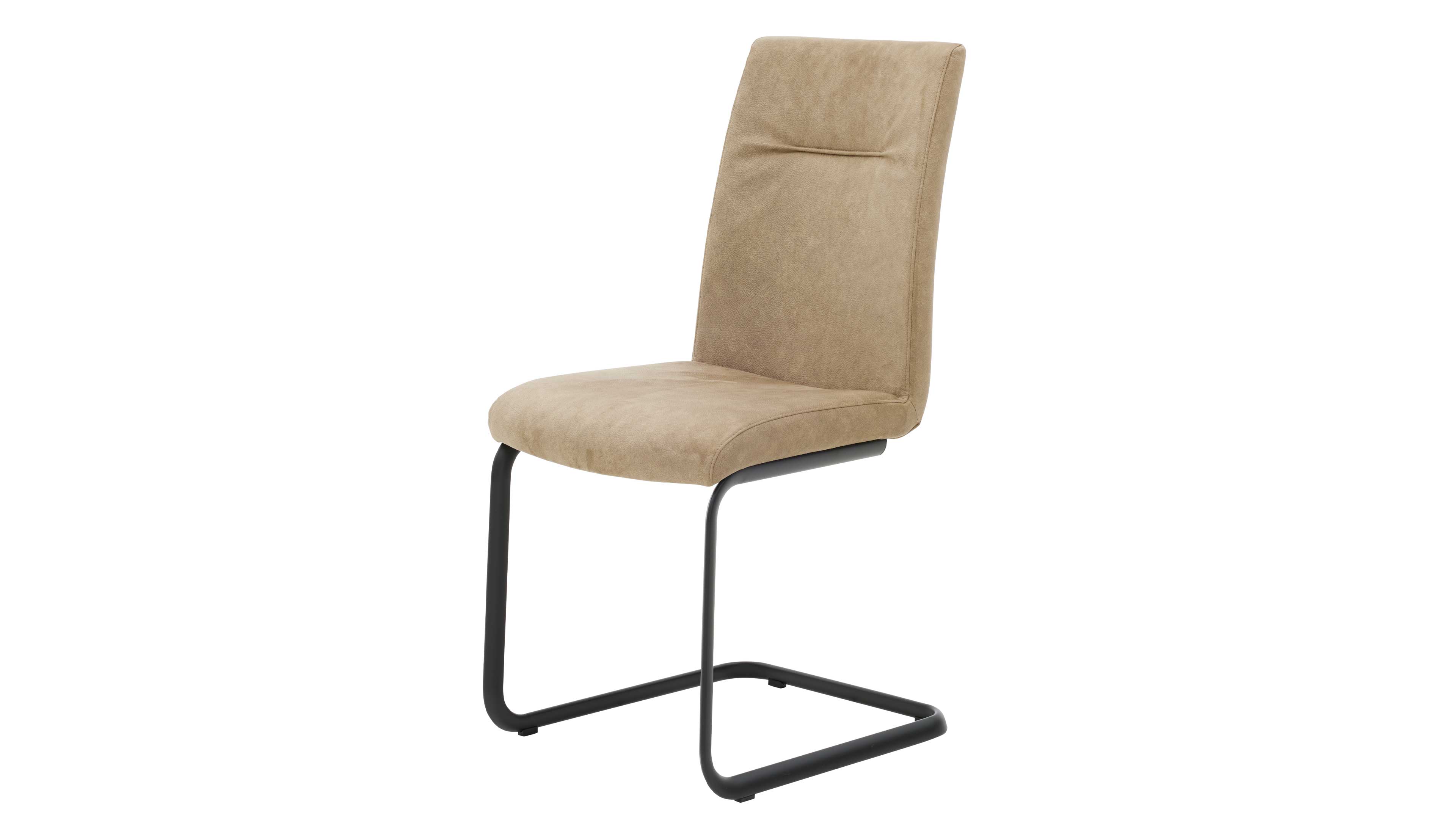 Beiger, gepolsterter Freischwinger-Stuhl mit hoher Rückenlehne, sichtbarer waagerechter Naht und schwarzem Metallgestell.