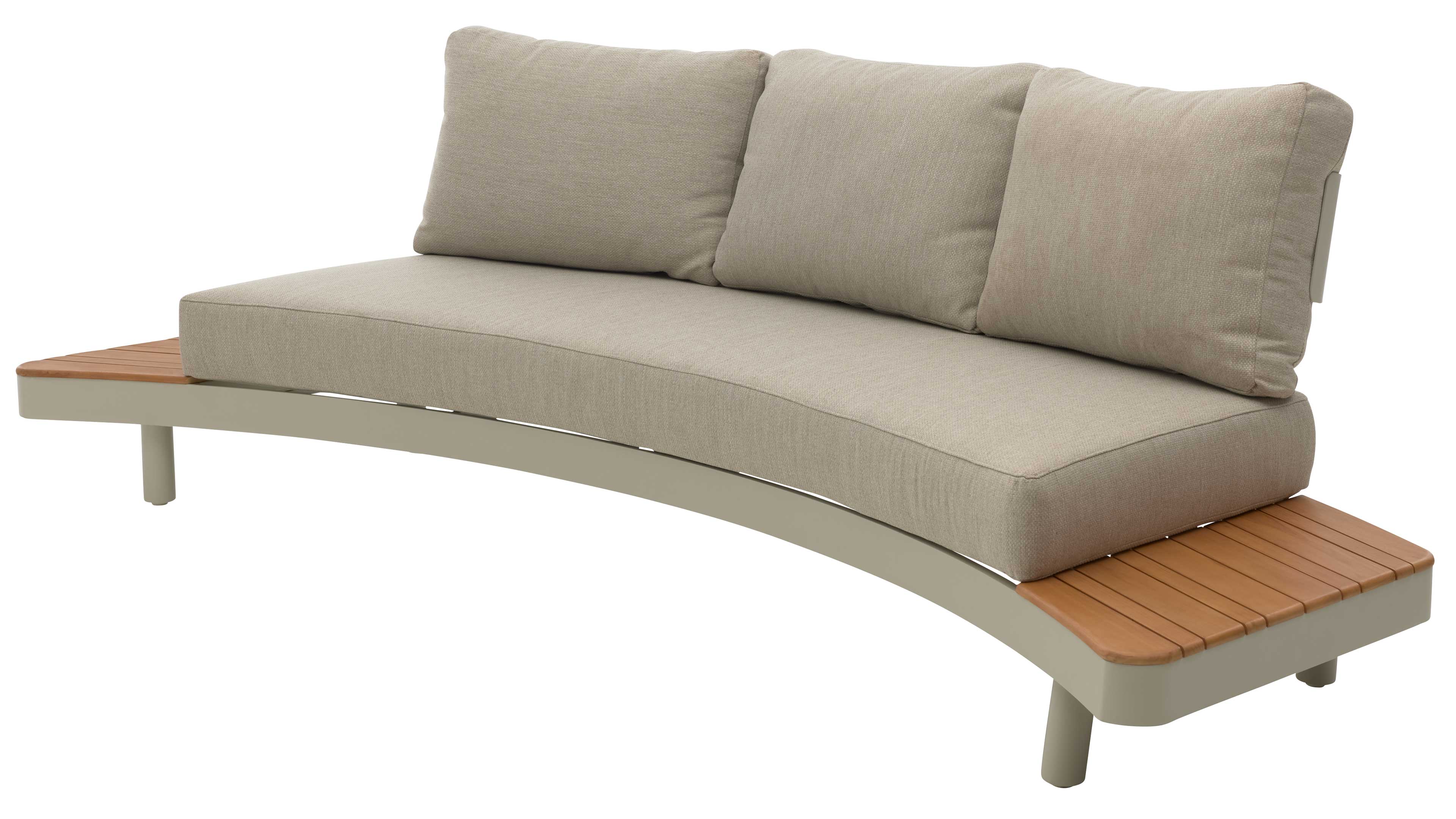 Halbrundes Sofa mit hellbeigem Sitzkissen und drei größeren Rückenpolstern, graubeiger Rahmen, an beiden Enden Holzablagen.