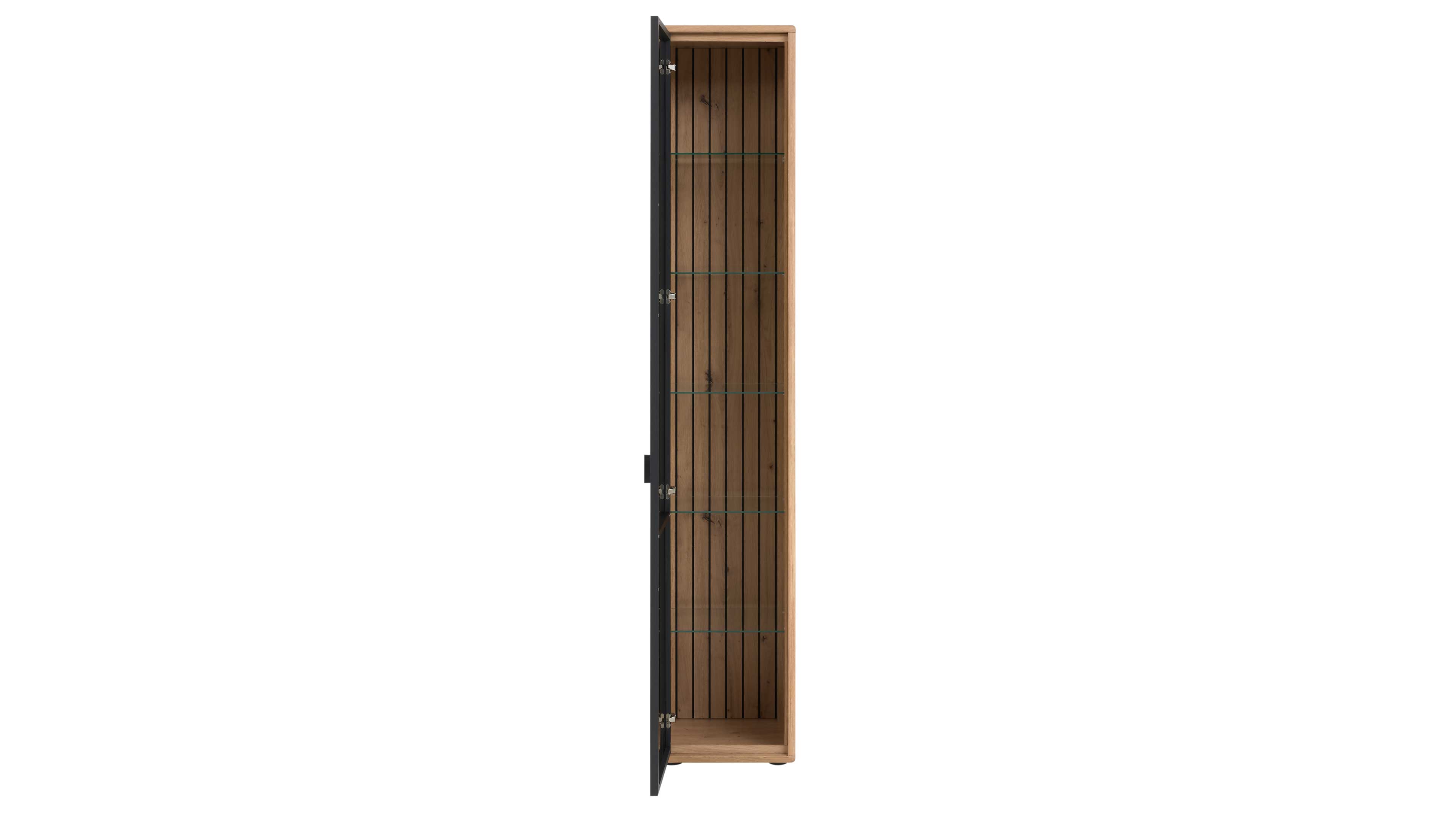 Hohe Vitrine mit Schwarzglasfront und Eichefurnier