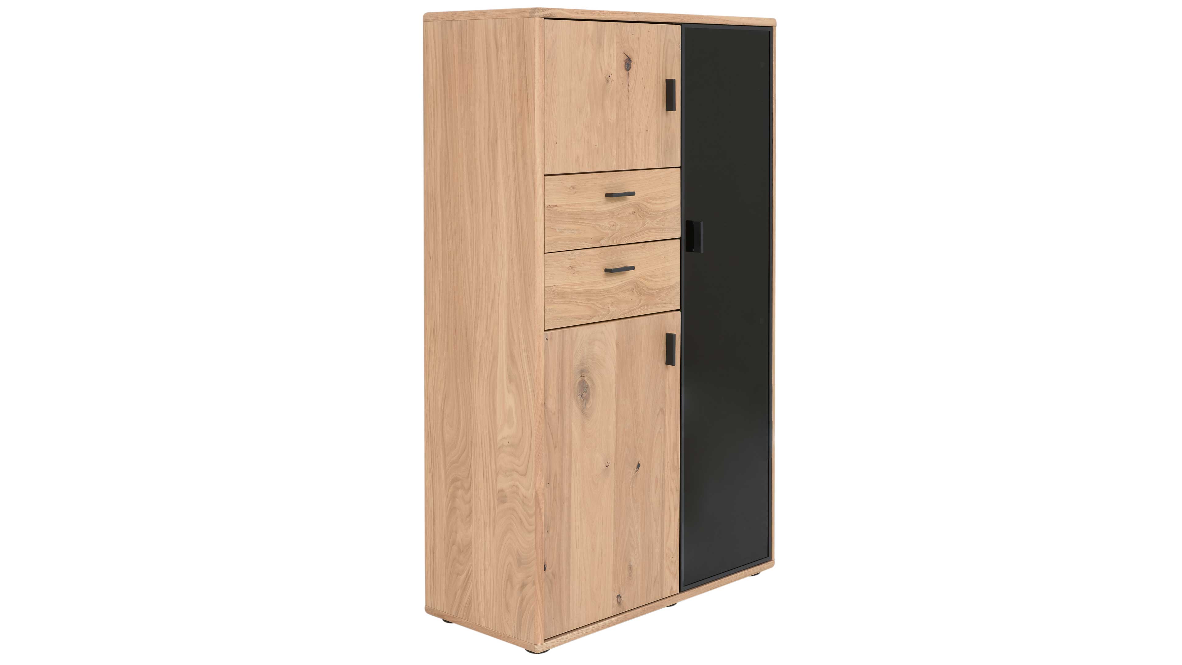 Highboard in Eichefurnier und Schwarzglas, mit Türen und Schubladen für Stauraum