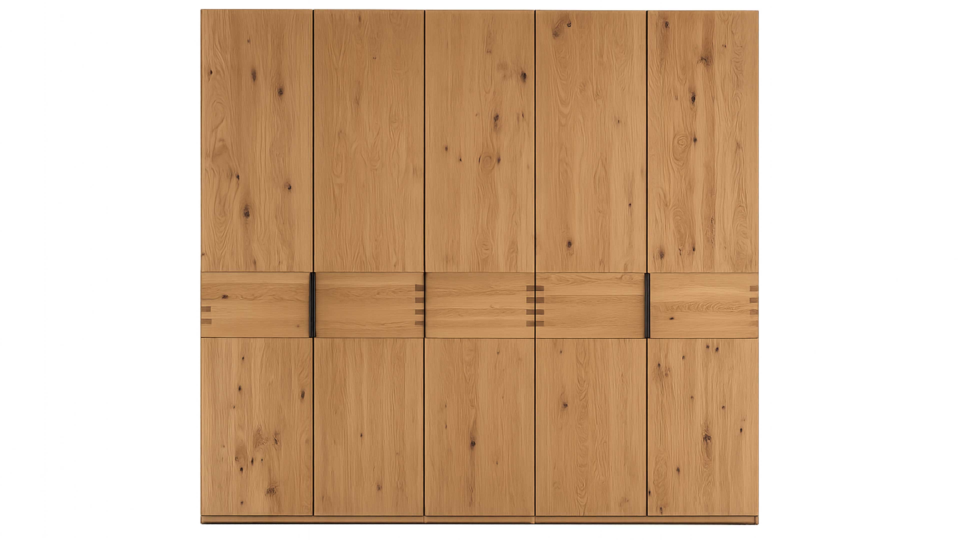 Schlafzimmer in Wildeiche, gepolstertem Kopfteil, Kleiderschrank, Bettgestell und zwei Nachtkonsolen im modernen Look