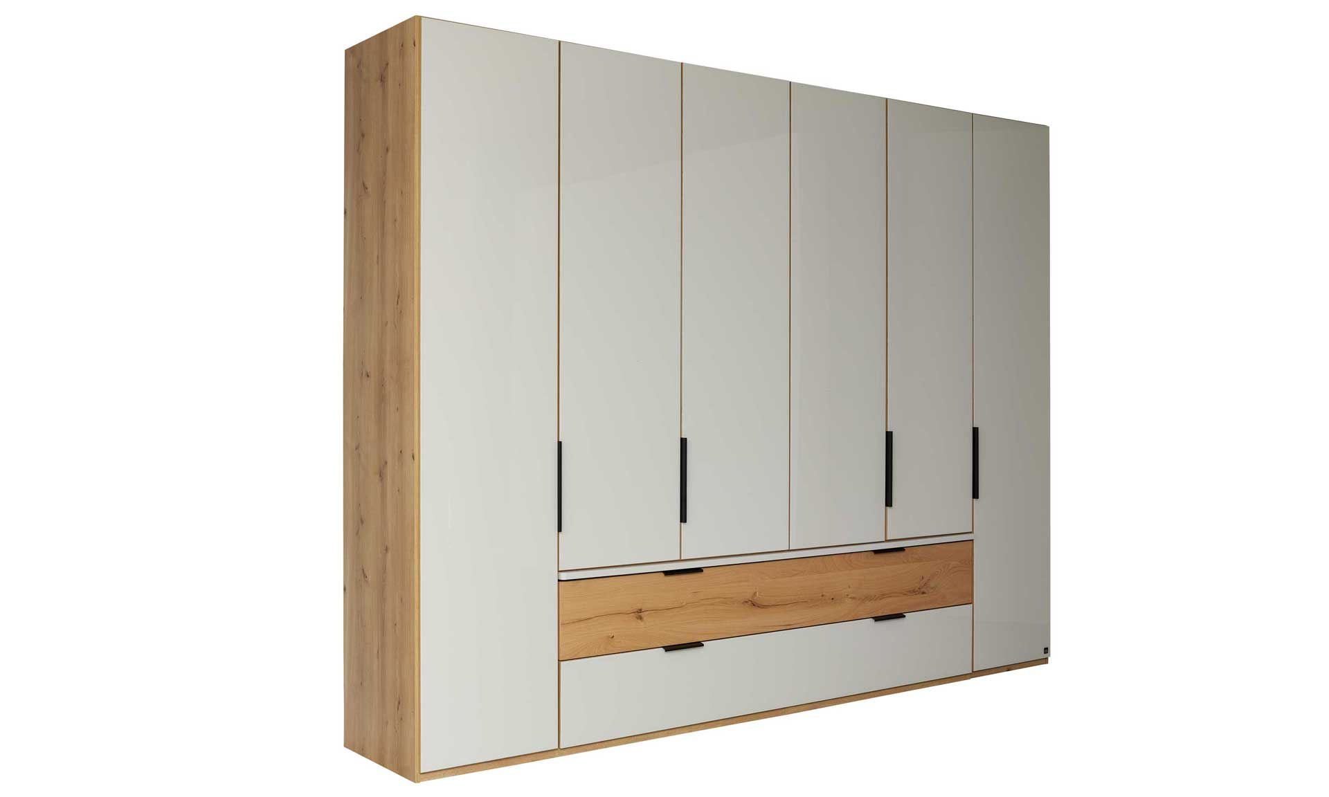 Komplettes Schlafzimmer in Beige-Grau mit heller Eiche