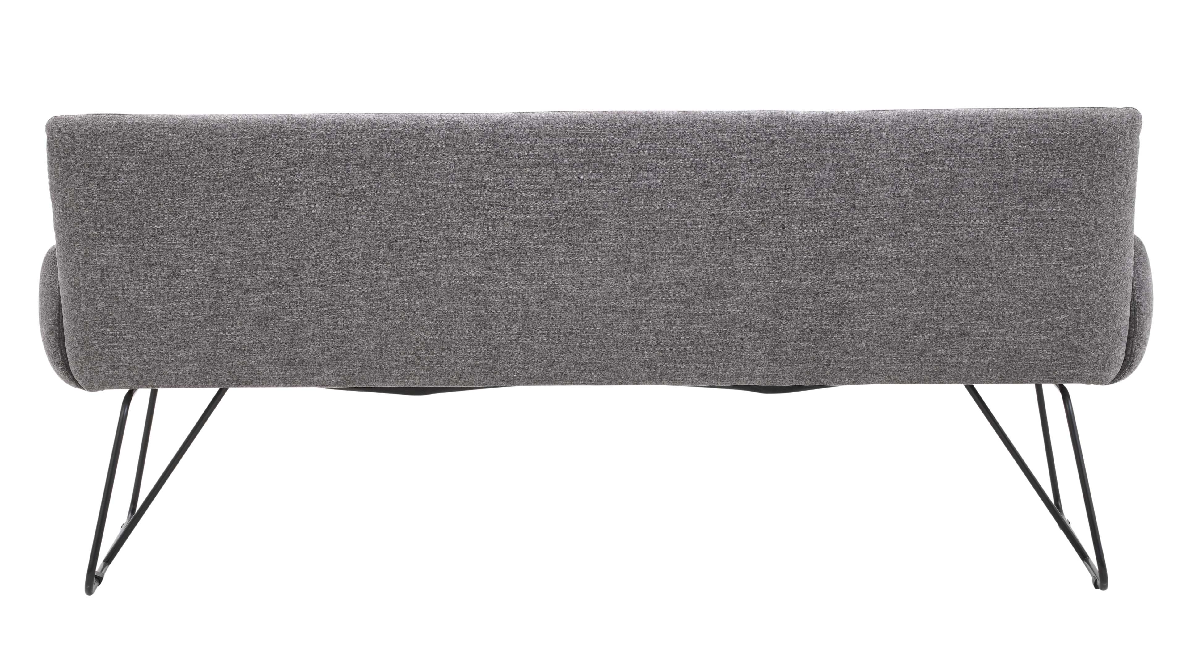 Rückansicht eines grauen Sofas mit Stoffbezug, abgerundetem Rücken und schwarz lackierten, schlanken Metallbeinen.