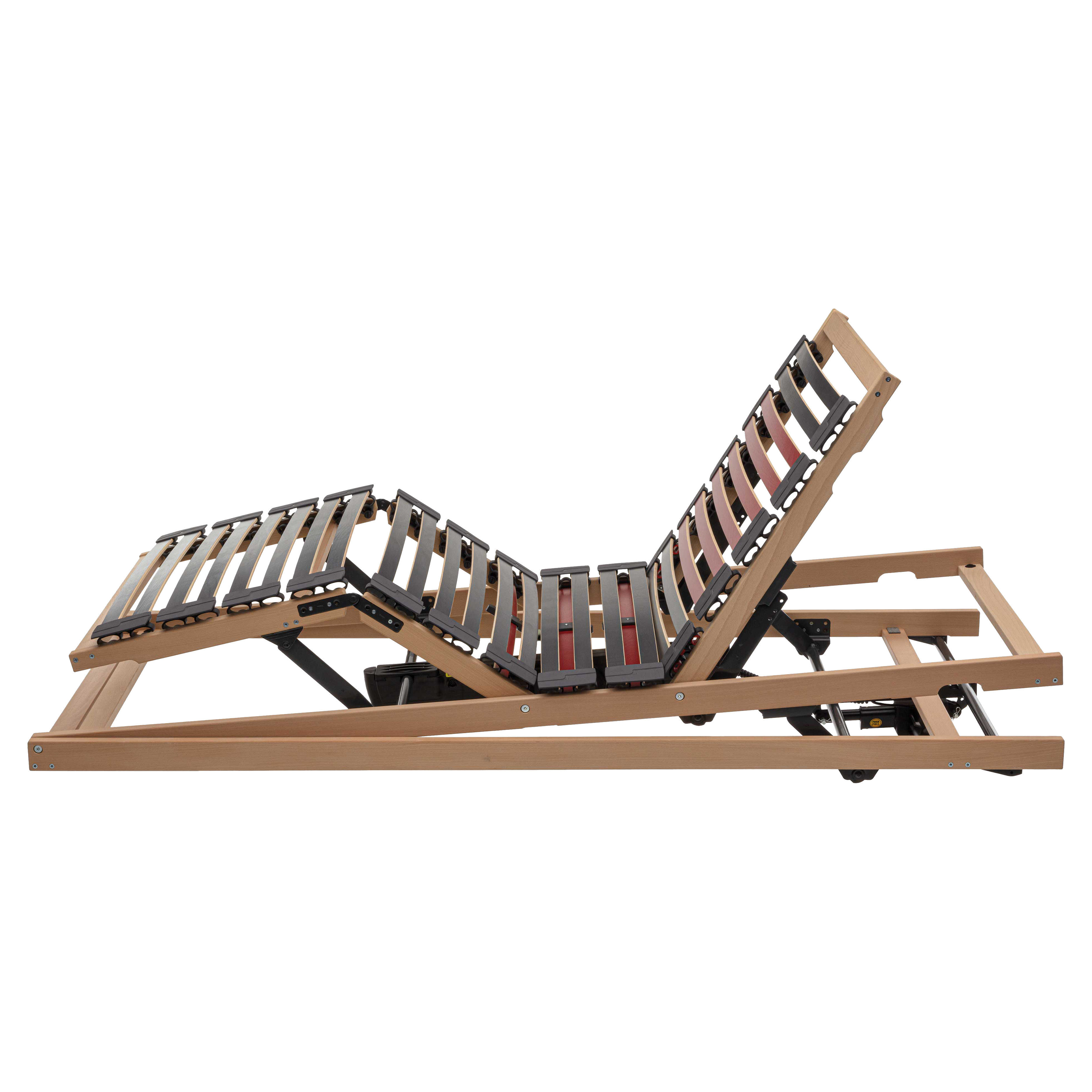 Verstellbarer Lattenrost aus hellem Holz mit mehrfach geteilten Federholzleisten, schwarzen Haltern und sichtbarem Antrieb.