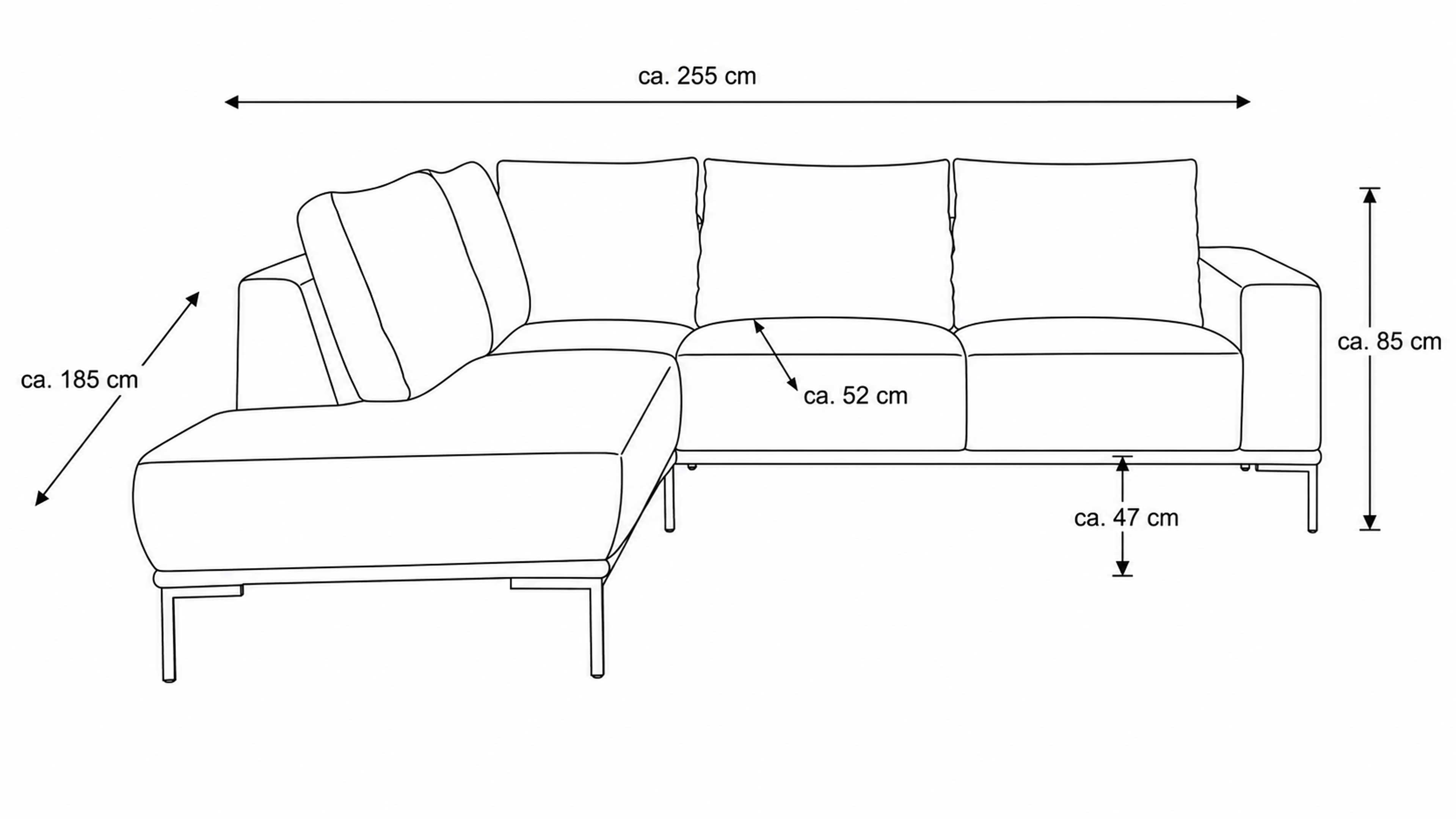 Ecksofa mit dunkelgrauem Stoffbezug und glänzenden Metallfüßen