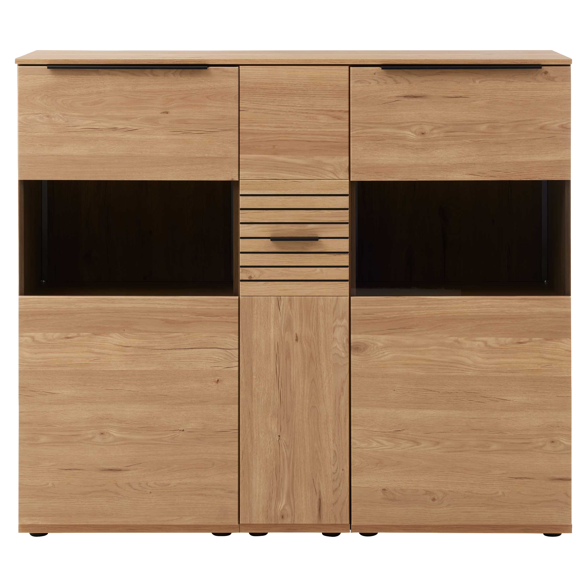 Hohes Sideboard in hellem Eichenholz mit zwei offenen Fächern, großen geschlossenen Fächern und mittiger schmaler Schublade.