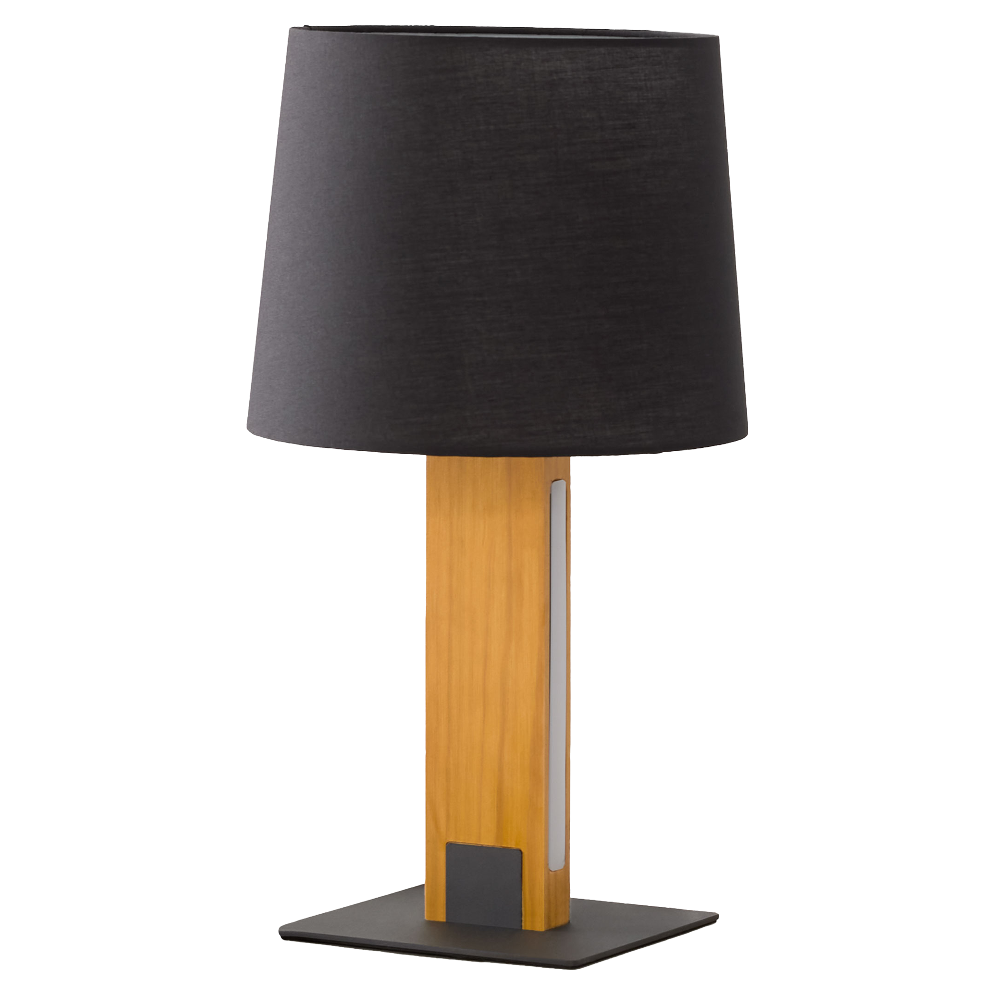 Tischlampe mit schwarzem konischem Schirm, rechteckigem hellem Holzschaft mit seitlichem weißem Streifen und schwarzer Bodenplatte.