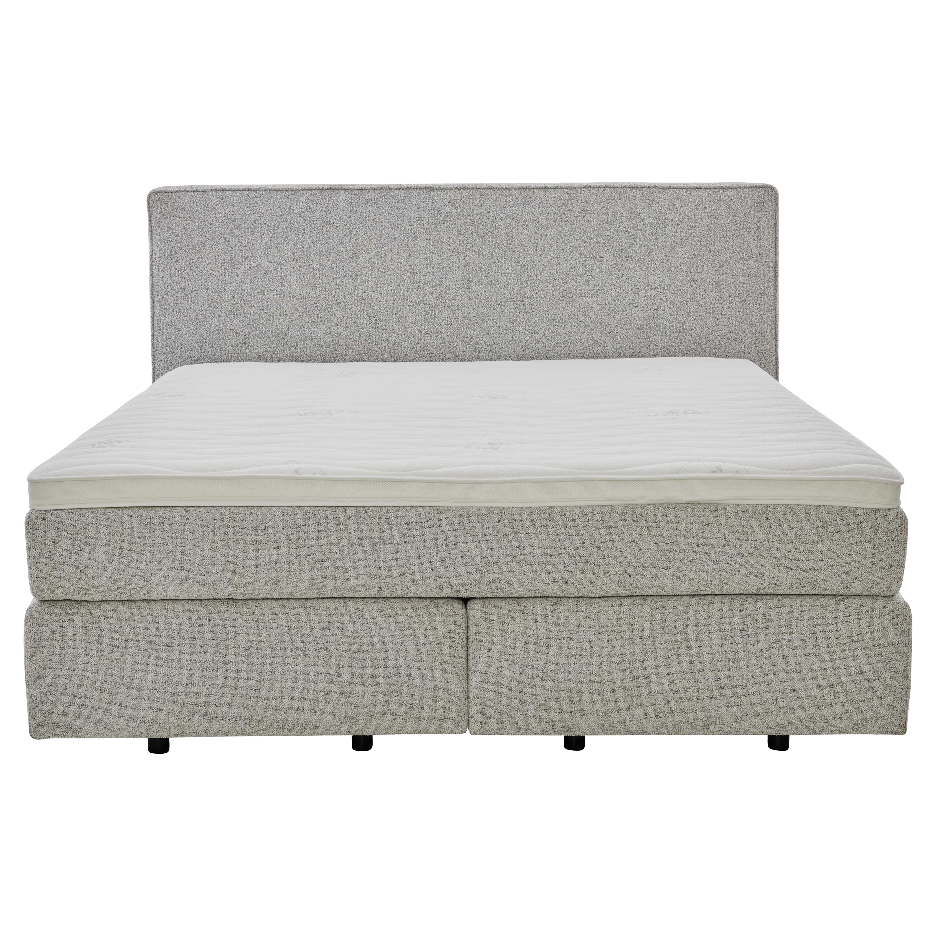 Boxspringbett mit gepolstertem Kopfteil, hellgrauem Stoffbezug und hoher Matratze für gleichmäßigen Liegekomfort