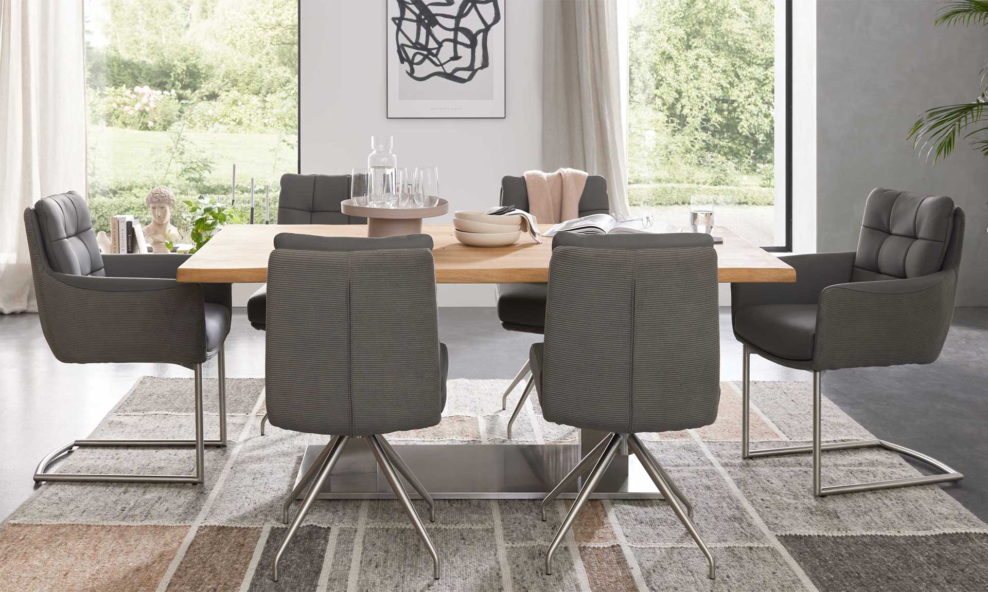Polsterstuhl mit grauem Leder-Cord-Mix und Edelstahlgestell