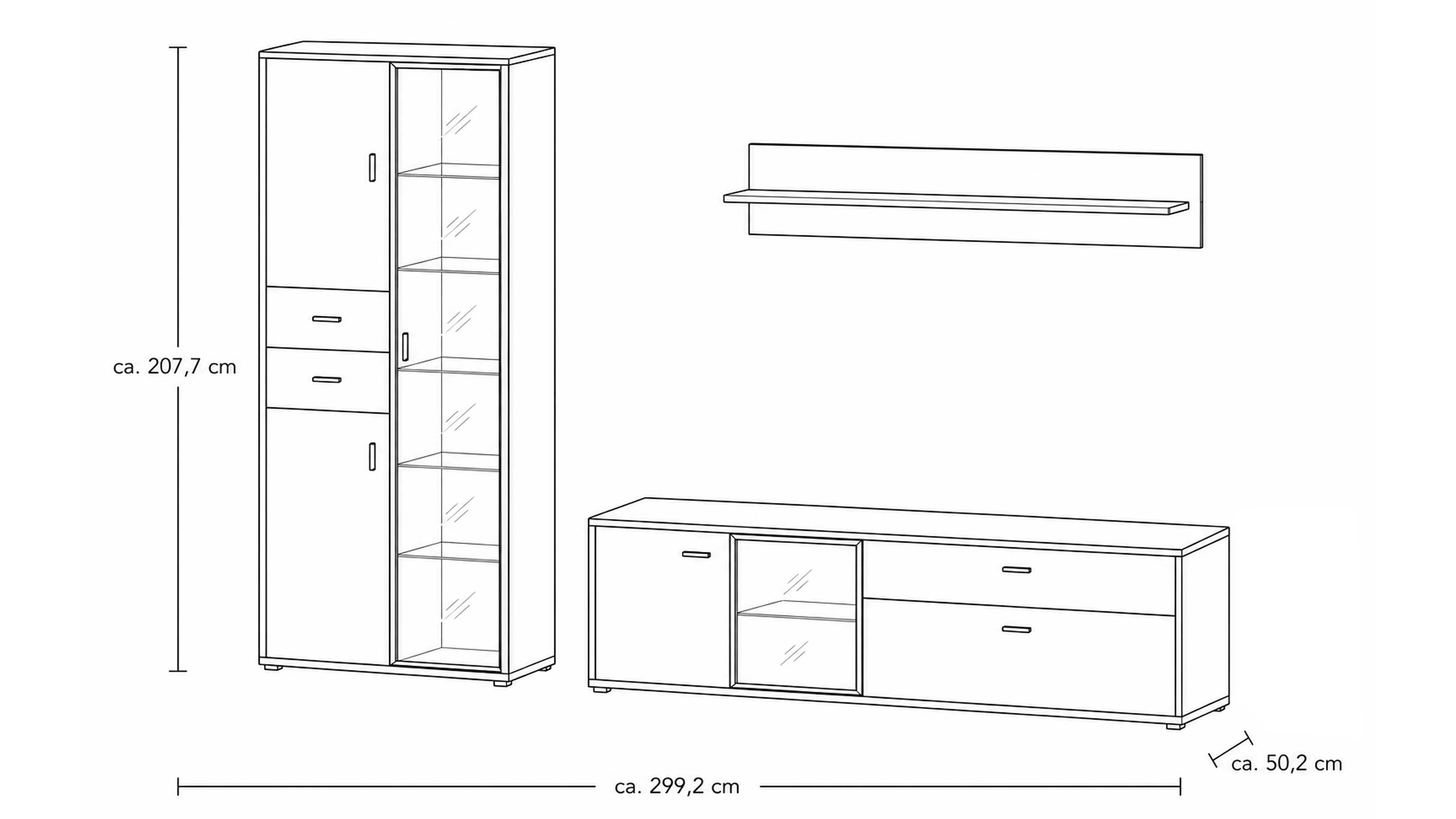 TV-Board, hohe zweitürige Vitrine und Wandregal in Eichefurnier und Schwarzglas