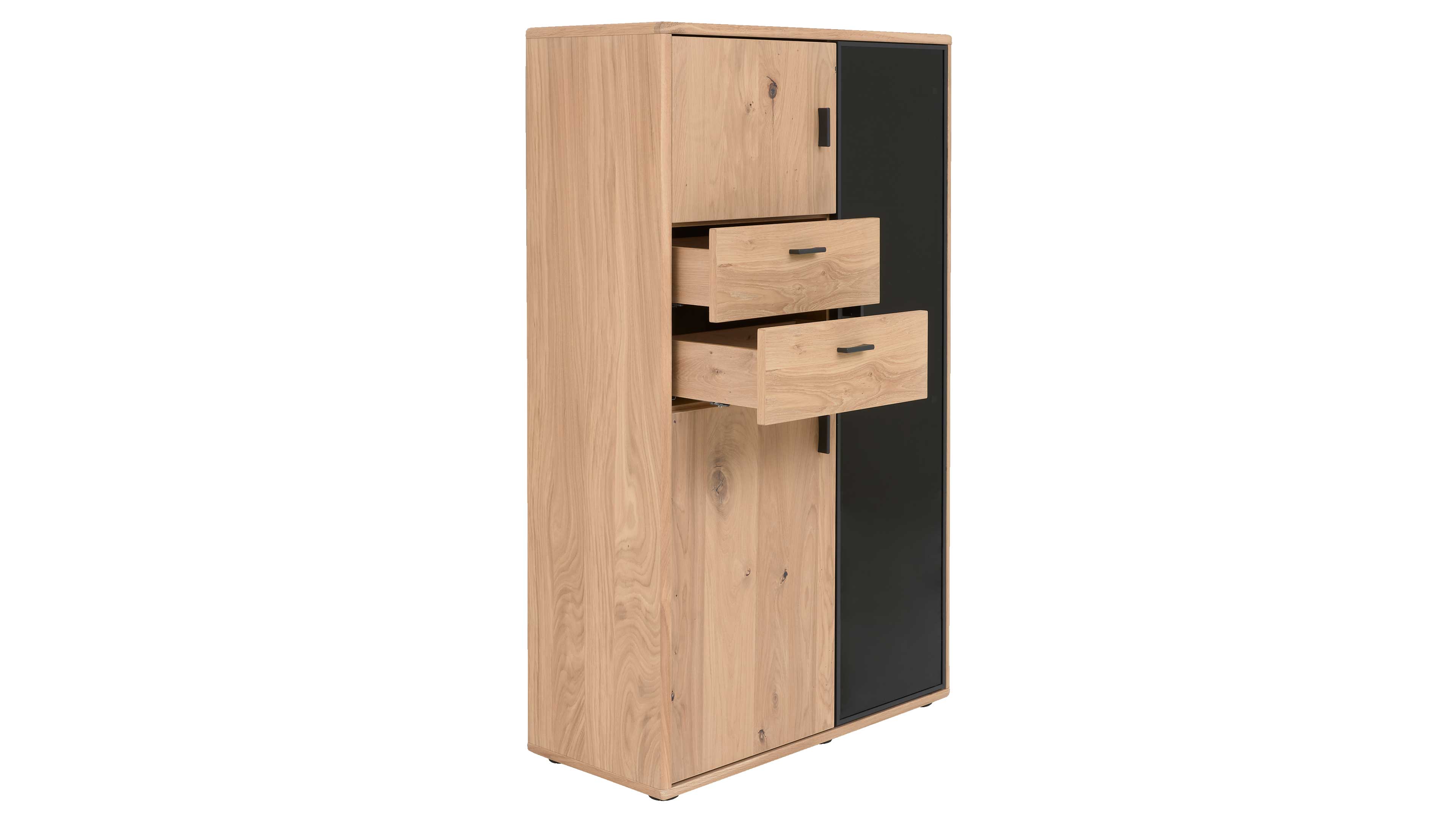 Highboard in Eichefurnier und Schwarzglas, mit Türen und Schubladen für Stauraum