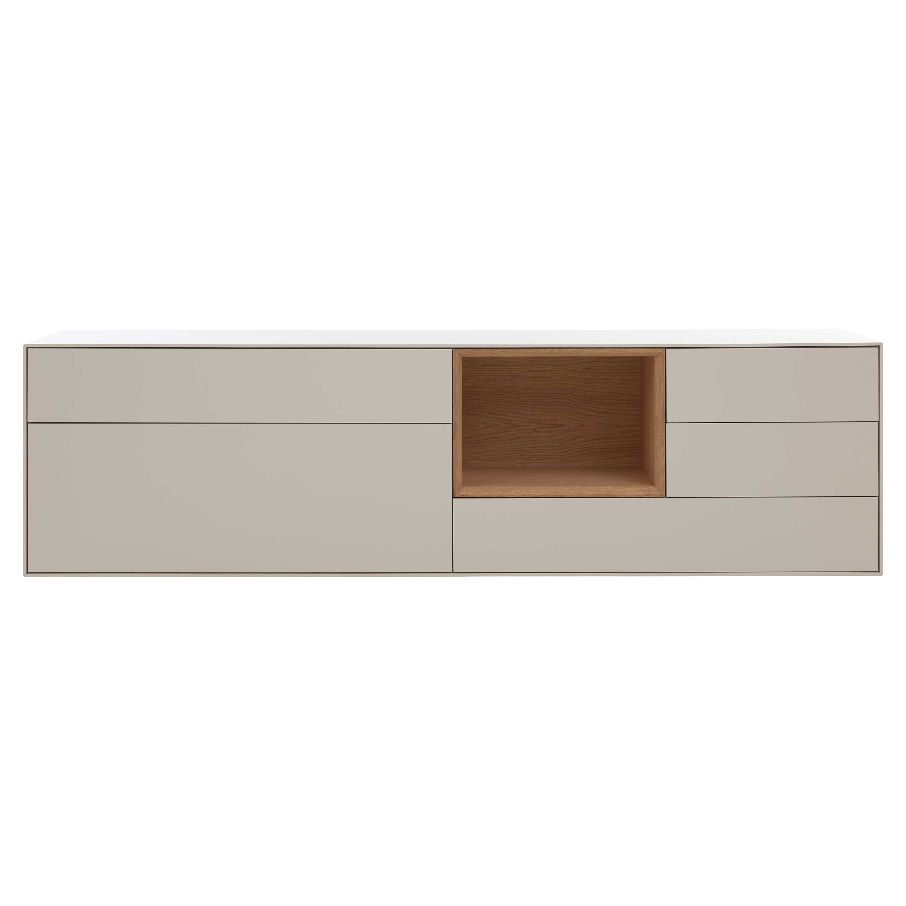 Sideboard in Beige mit Klapptür, mehreren Schubladen und offenem Fach für vielseitigen Stauraum im Wohnbereich