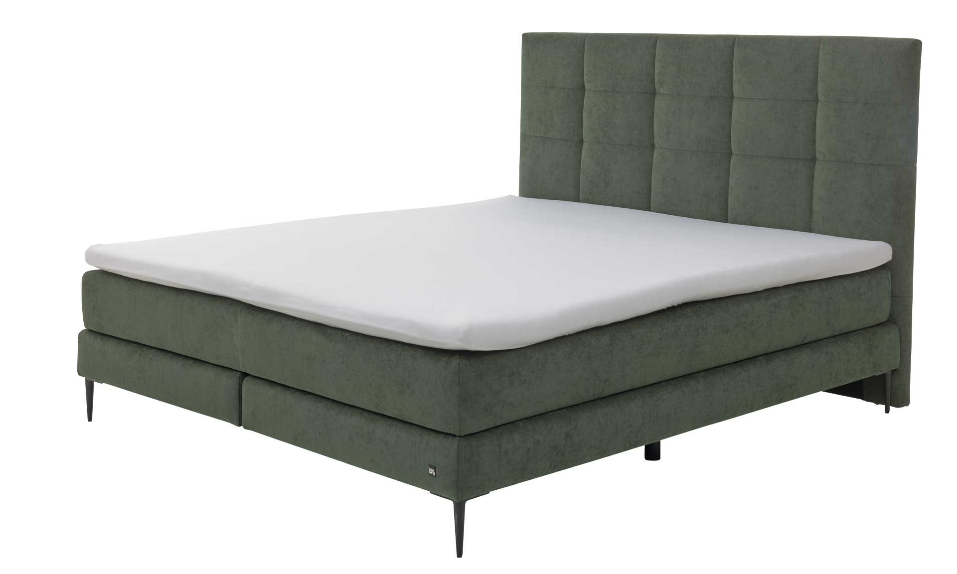 Moosgrünes Boxspringbett mit extra hohem Kopfteil und stoffbezogenen Matratzen