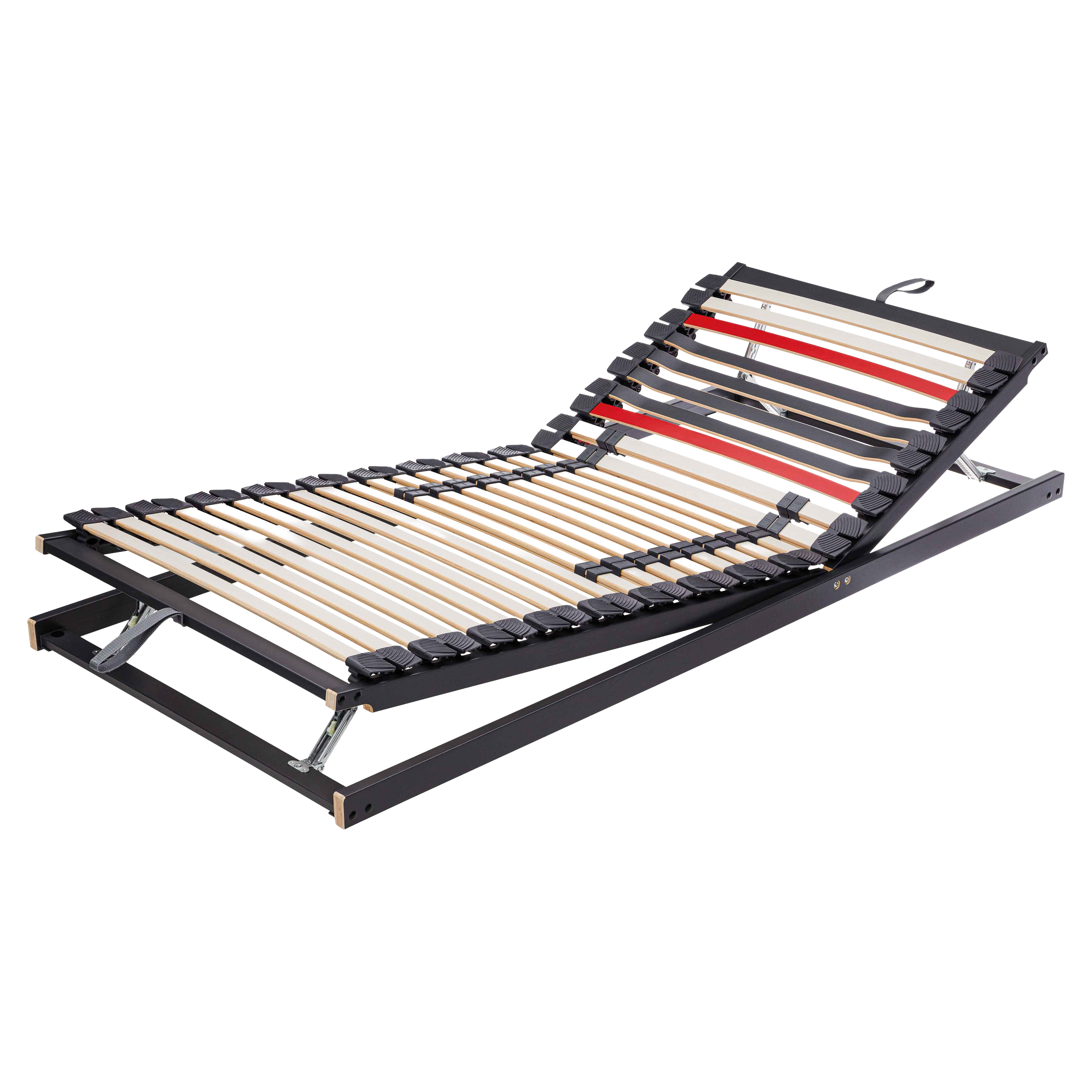 Verstellbarer Lattenrost mit schwarzem Metallrahmen, flexiblen Holzleisten, rot markierten Leisten, Kunststoffhaltern und Klappstützen.