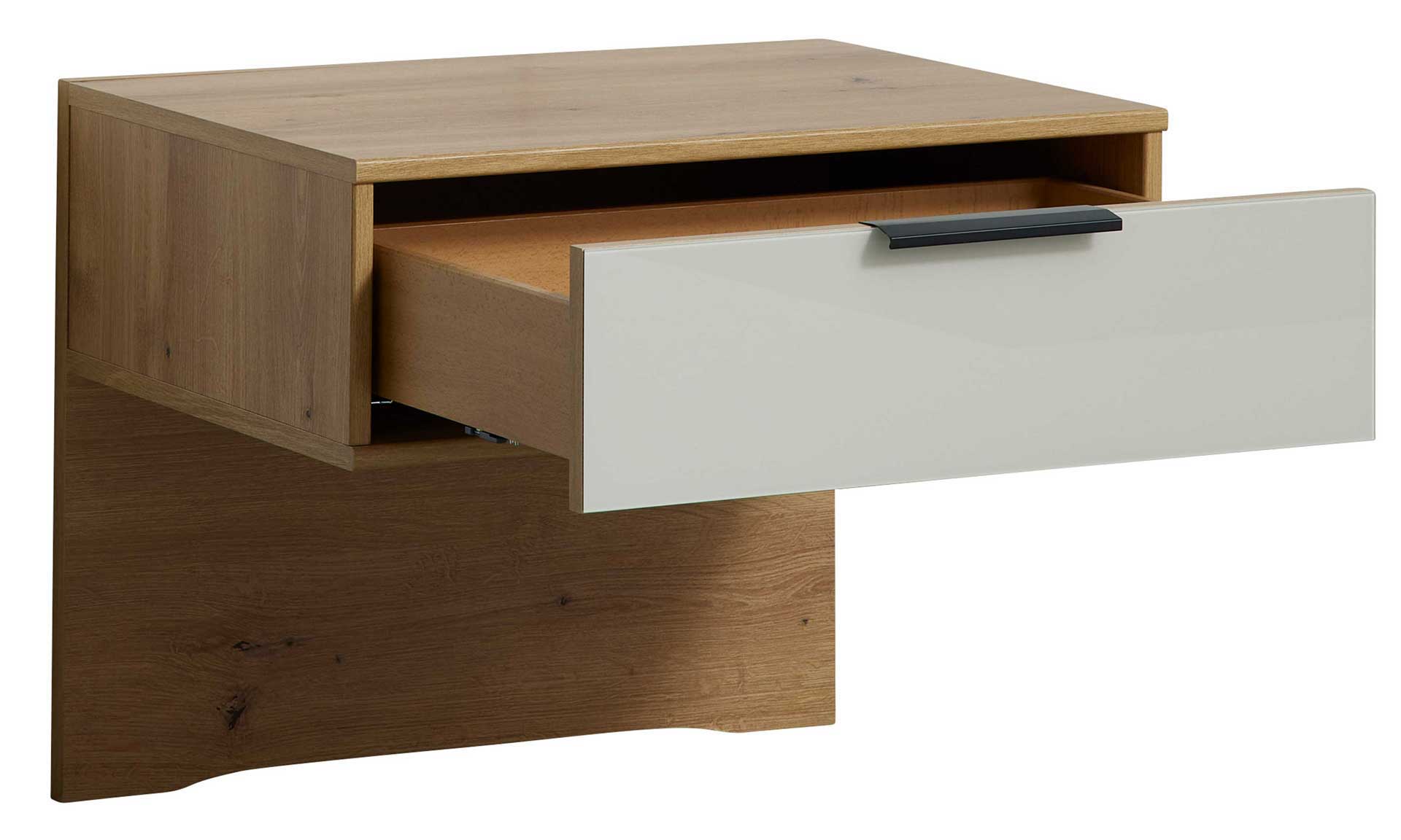 Komplettes Schlafzimmer in Beige-Grau mit heller Eiche
