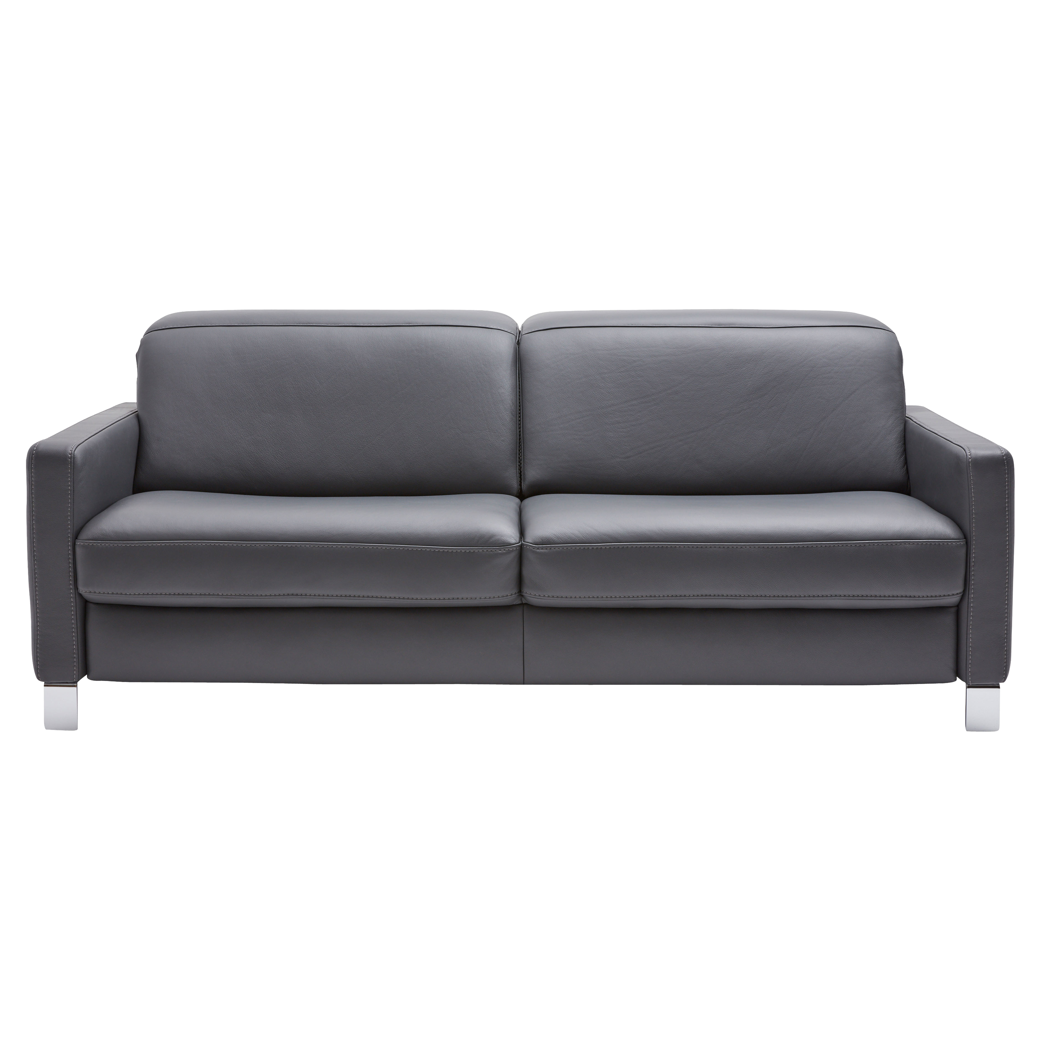 Graues Ledersofa mit zwei Sitzkissen, geraden Armlehnen und sichtbaren silbernen Metallfüßen, frontale Ansicht.