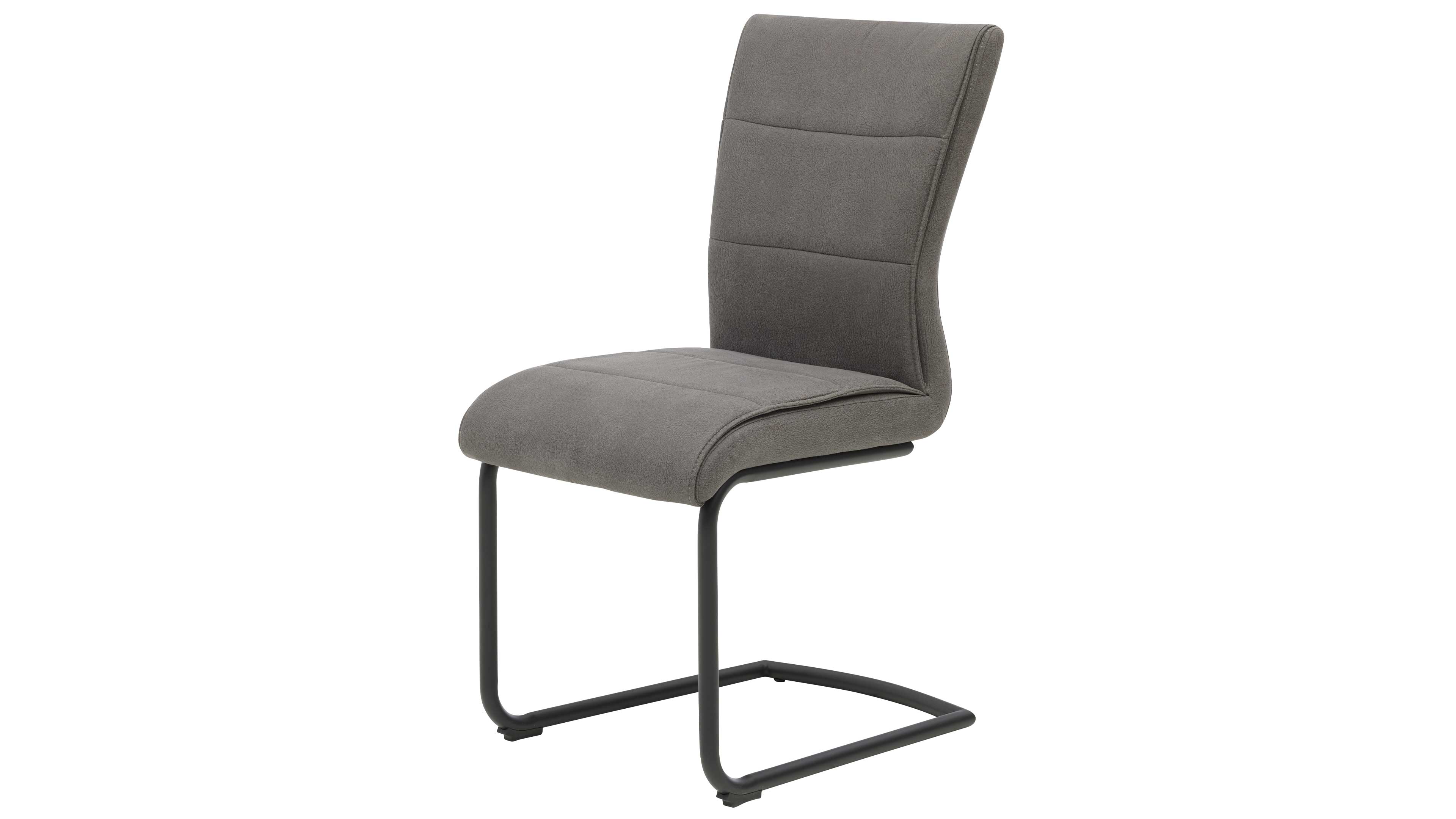 Grau bezogener Freischwinger mit gepolstertem, leicht geschwungenem Rücken und genähter Unterteilung sowie schwarzer, gebogener Metallkufe.