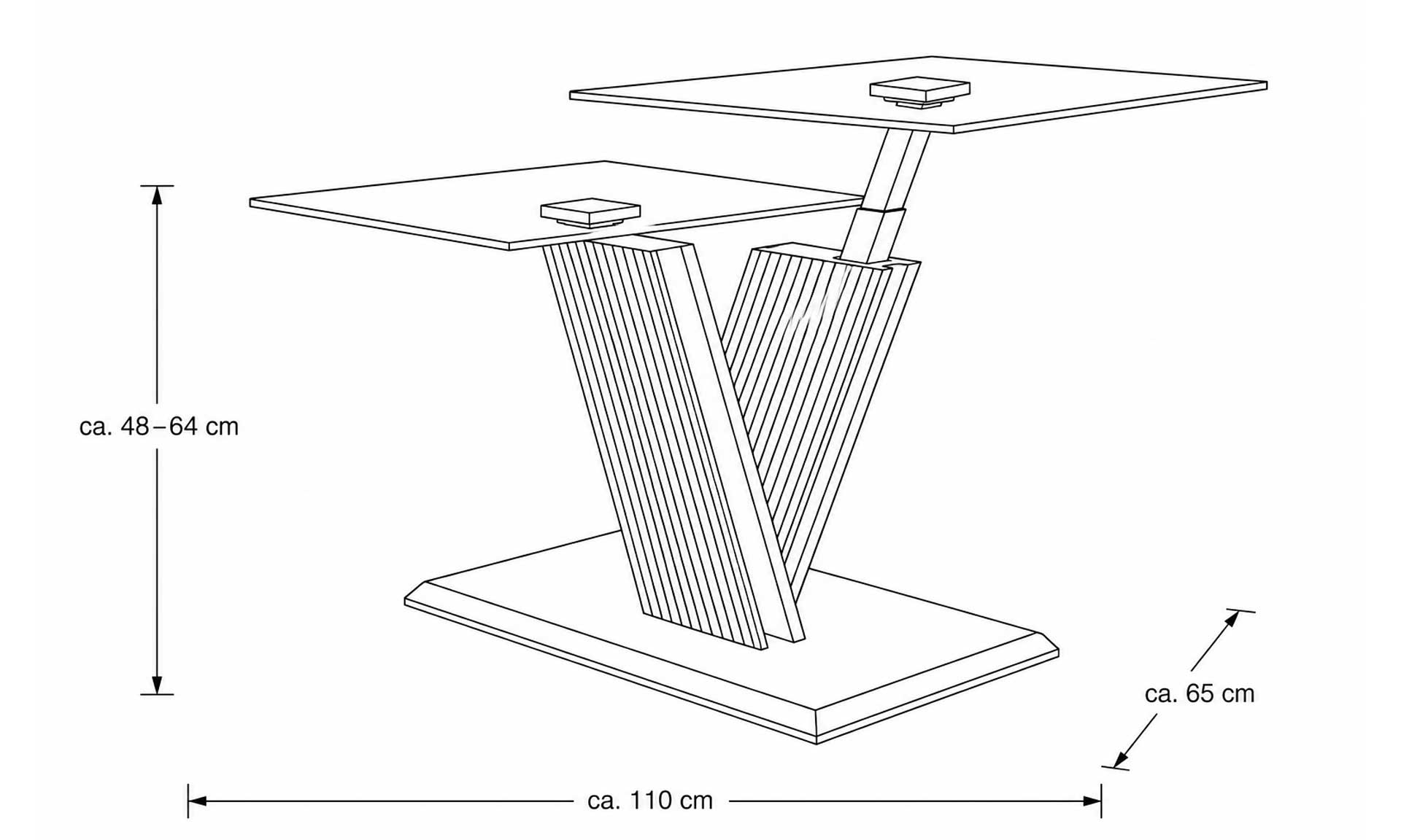 Couchtisch mit schwenkbaren Glasplatten und X-Gestell aus Holzlamellen