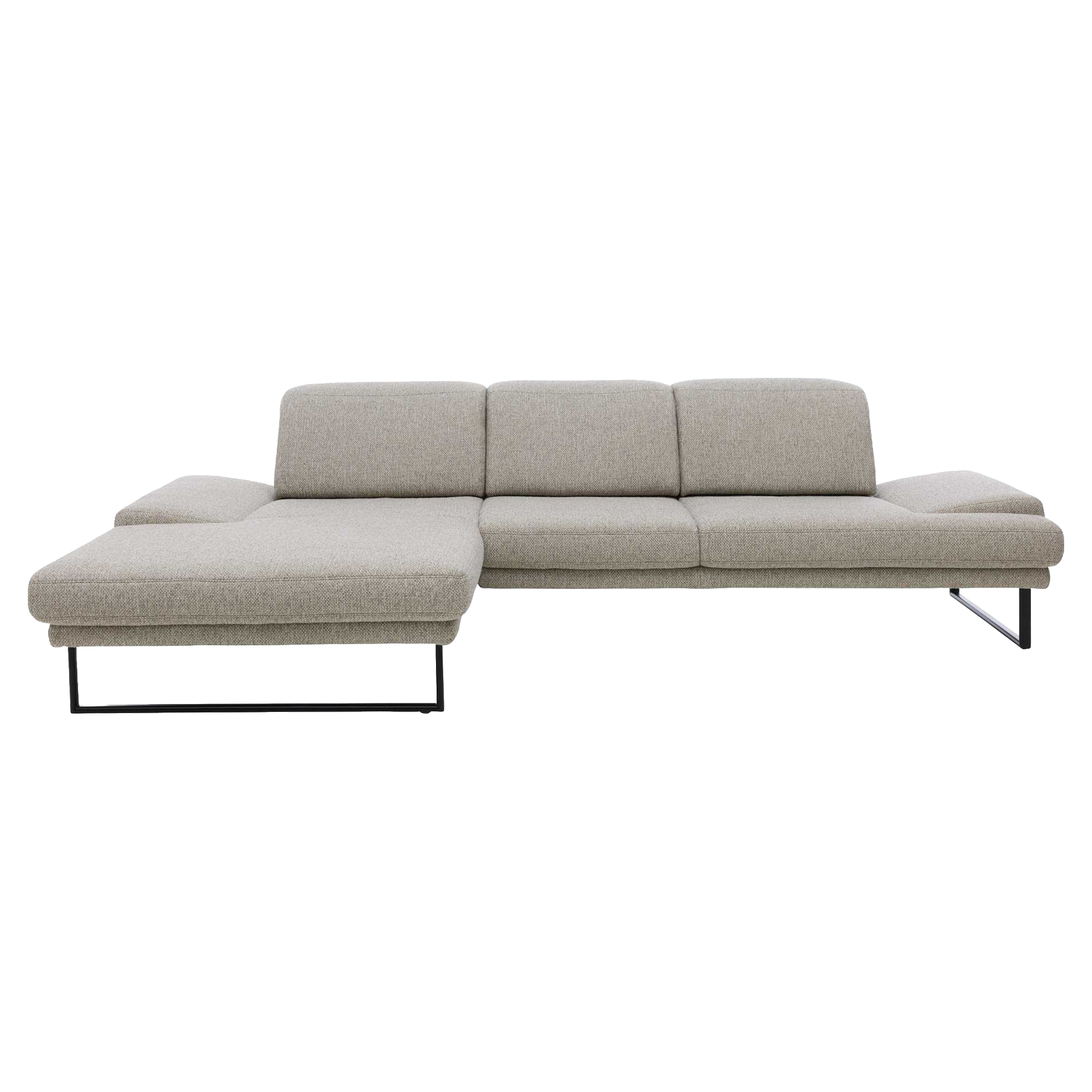Ecksofa mit runden schwarzen Metallfüßen und Stoff in Silber